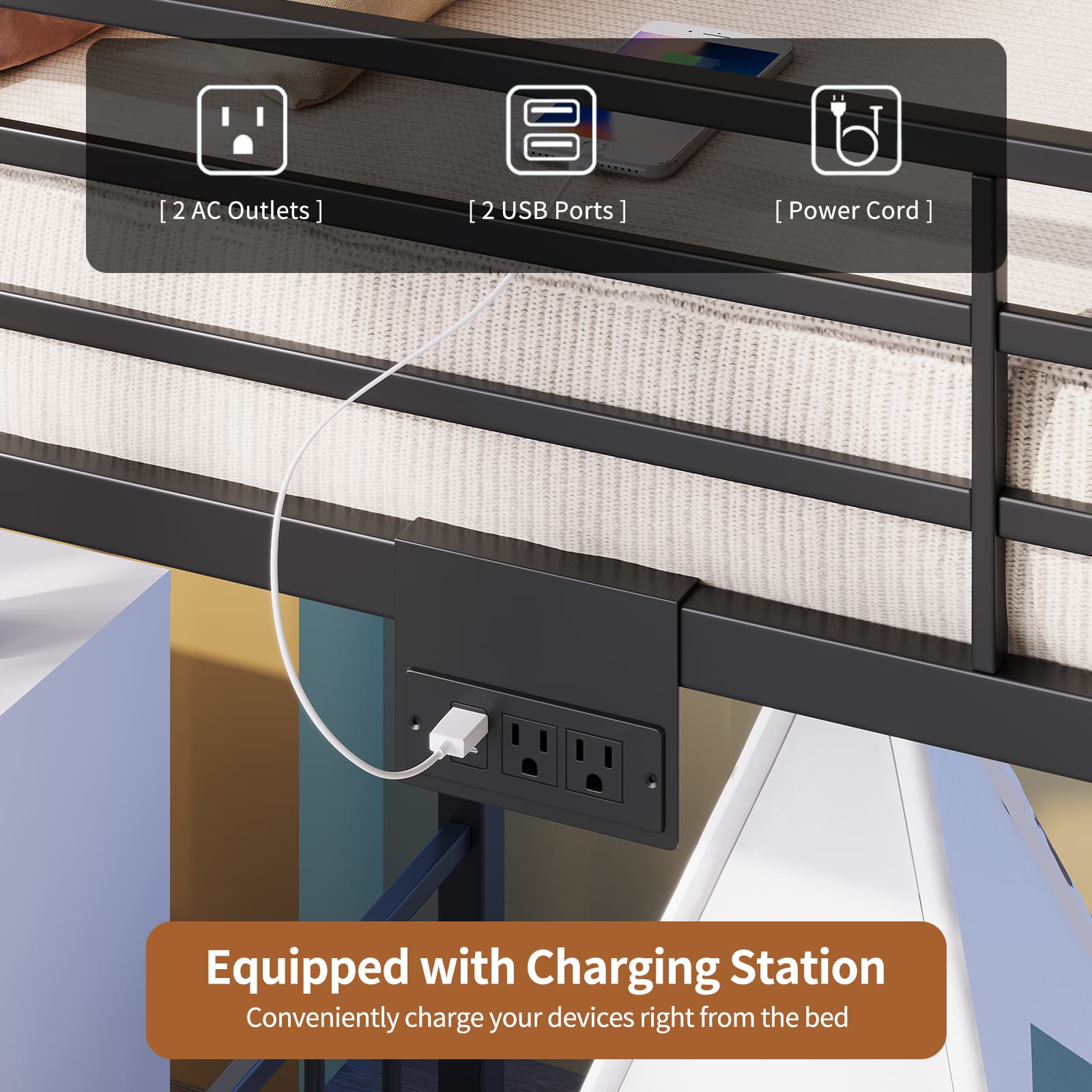 Twin Metal Bunk Bed with RGB LED, USB Charging - Vektaya