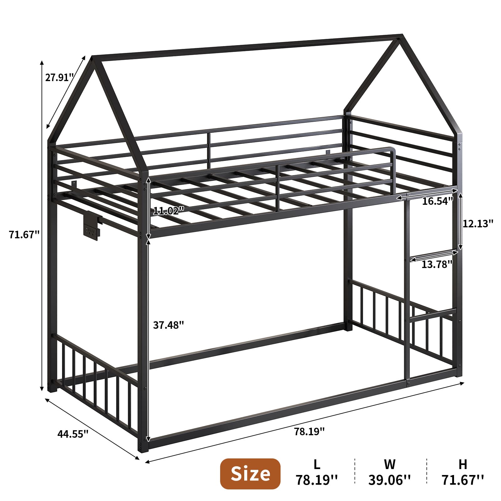 Yanosaku BF019-BK-T Twin Bunk Bed Frame with Charging Station & RGB LED, Easy Assembly, Storage Space, House Metal Frame with Ladder-1