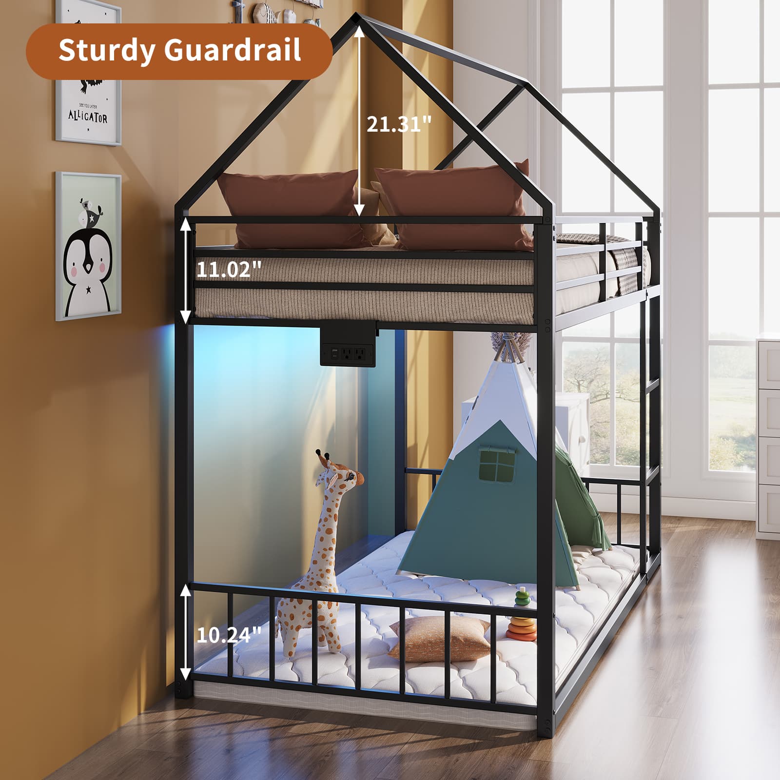 Yanosaku BF019-BK-T Twin Bunk Bed Frame with Charging Station & RGB LED, Easy Assembly, Storage Space, House Metal Frame with Ladder-3