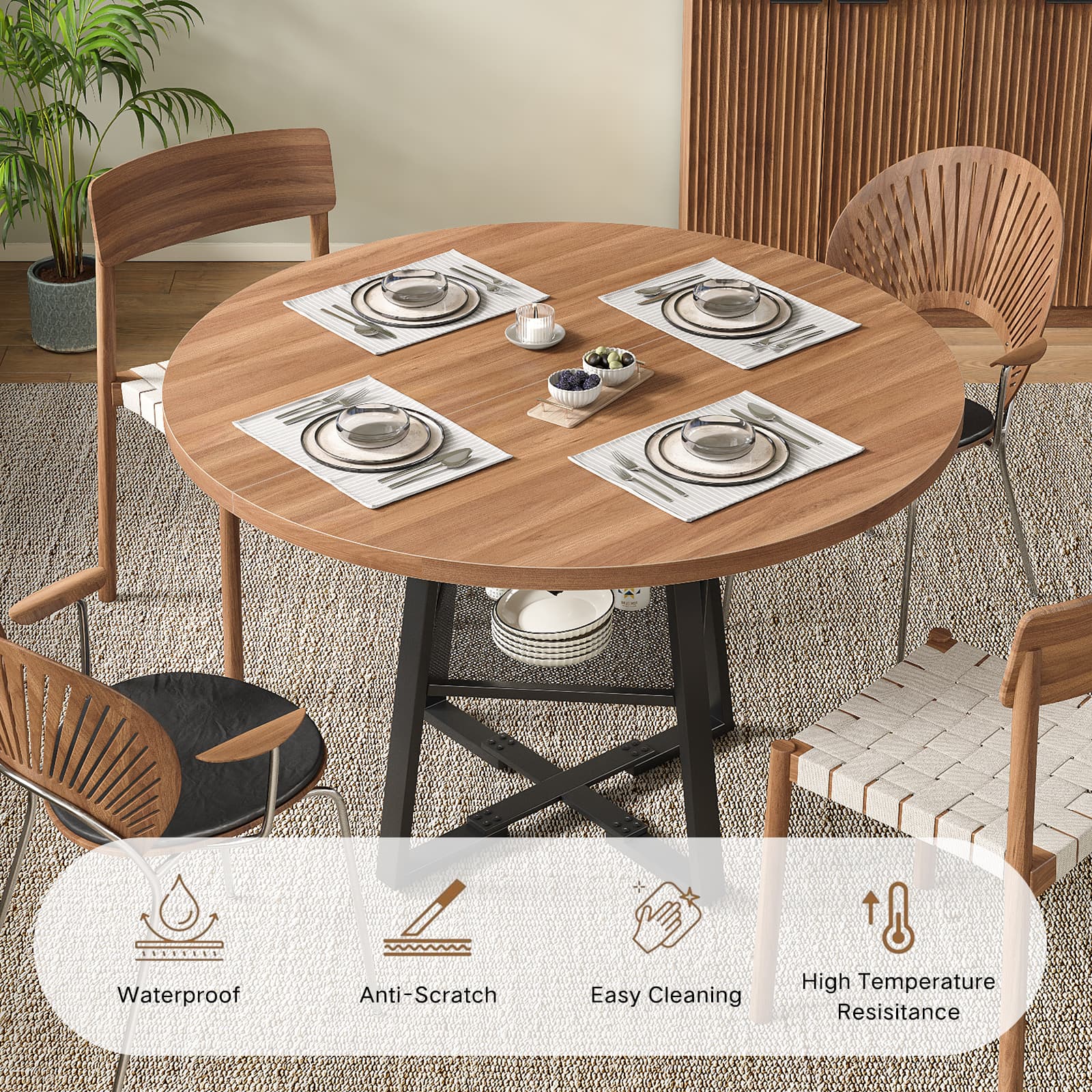 Yanosaku DT001 47" Extendable Round Table for 4–8, Walnut Metal Frame-4