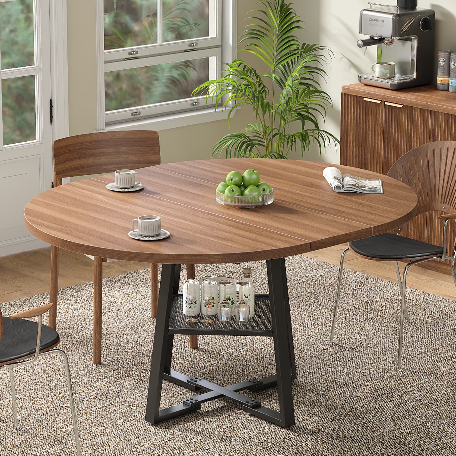Yanosaku DT001 47" Extendable Round Table for 4–8, Walnut Metal Frame-0