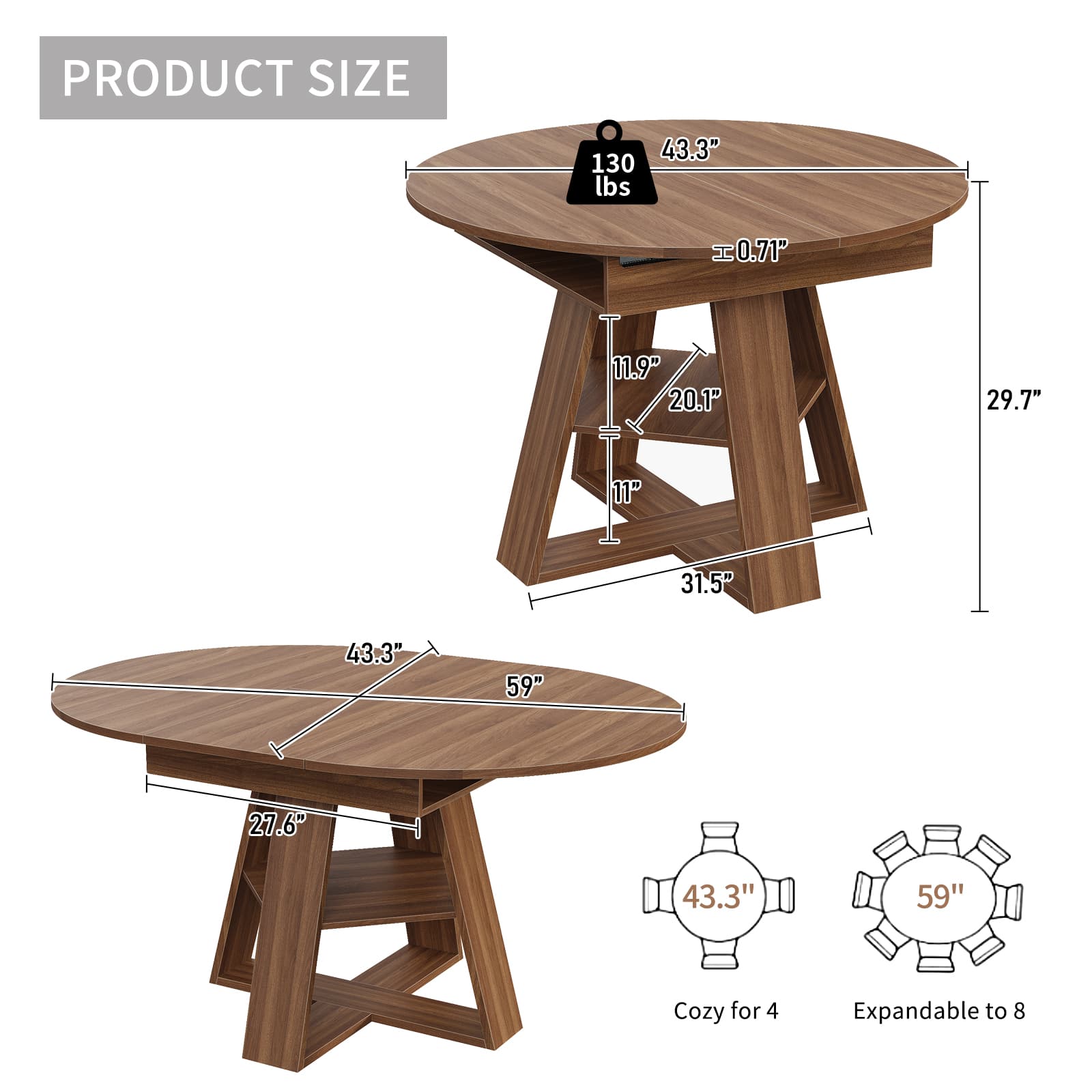 Yanosaku DT003 43.3"-59" Extendable Round Table 4–8, Modern Farmhouse-1