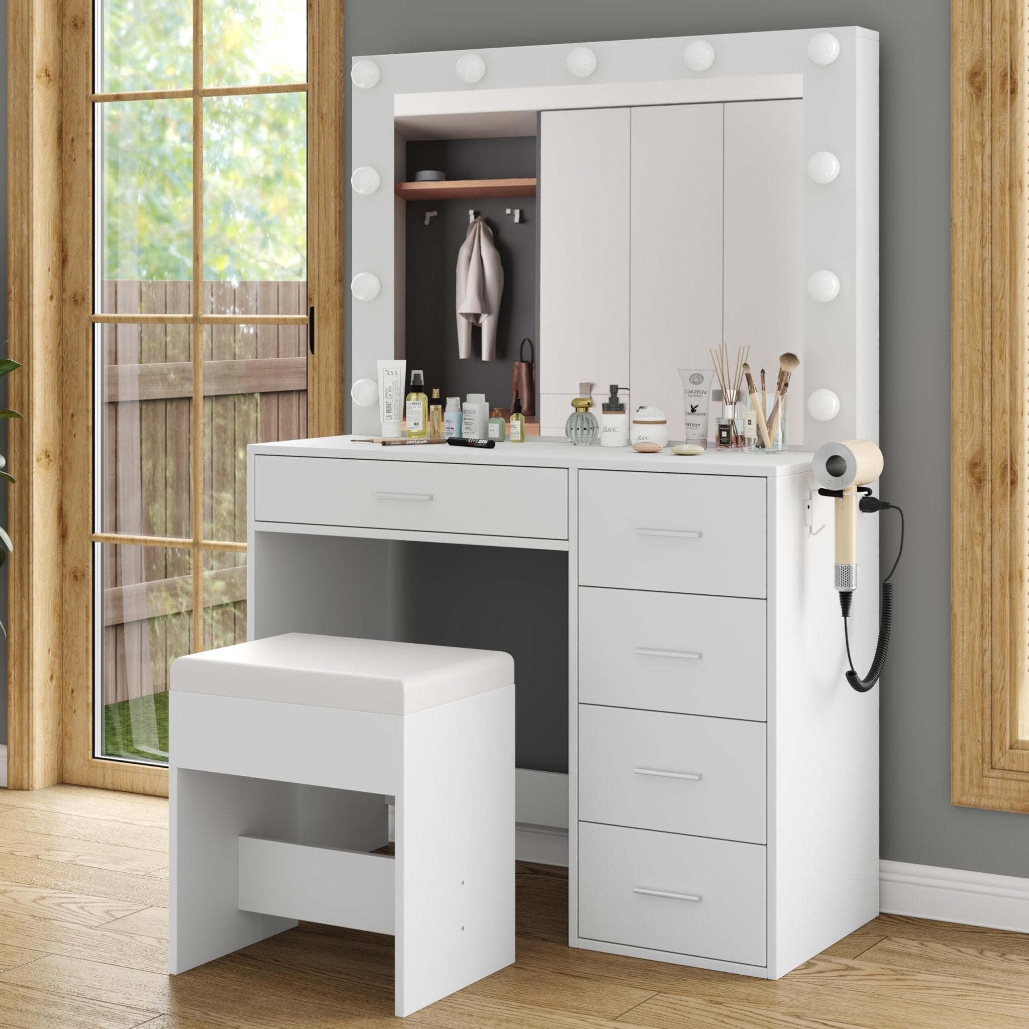 Yanosaku VD001 Bedroom Makeup Vanity desk with LED Mirror, 5 Drawers-4