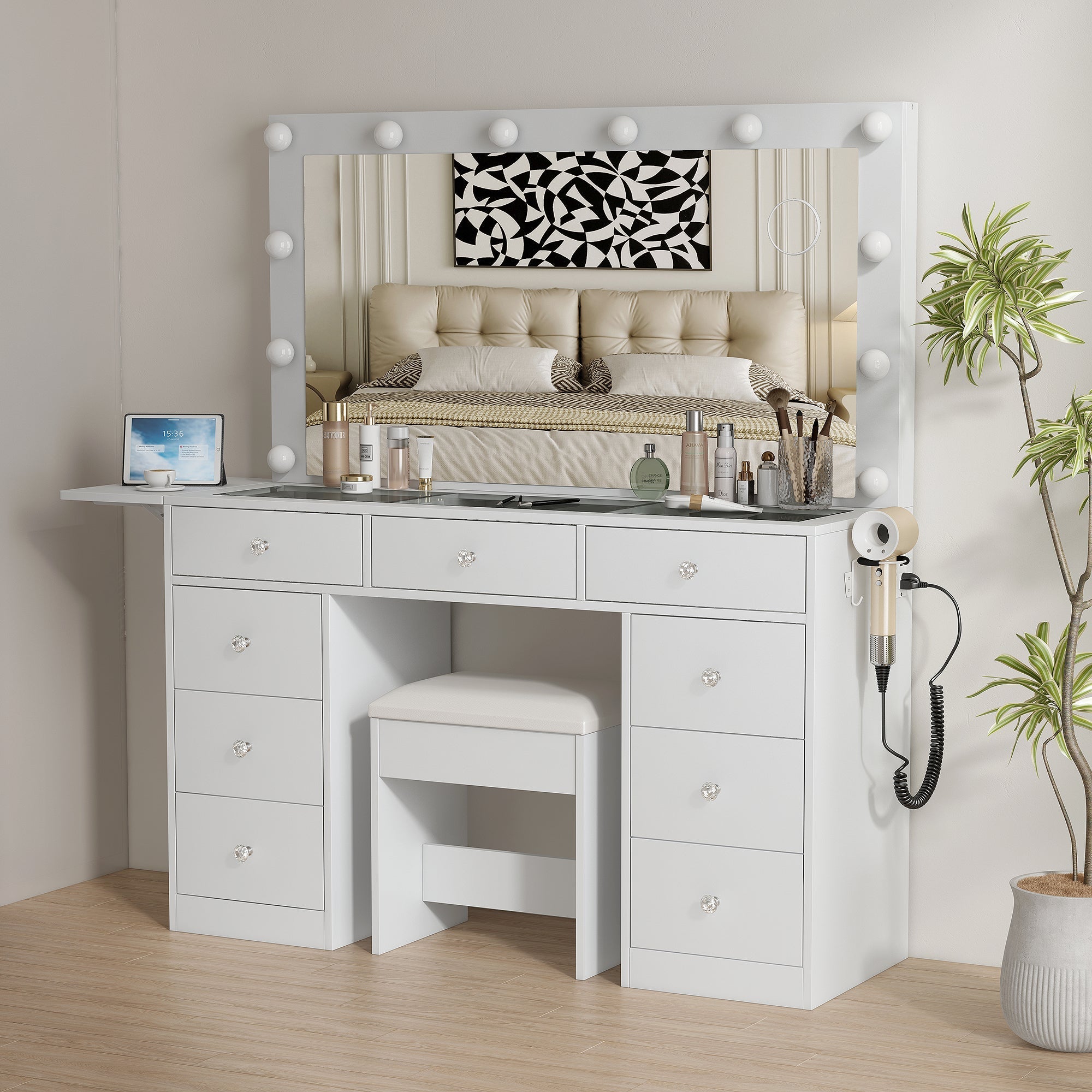 Vektaya US-VD007 Bedroom Makeup Vanity desk with LED Mirror, 9 Drawers