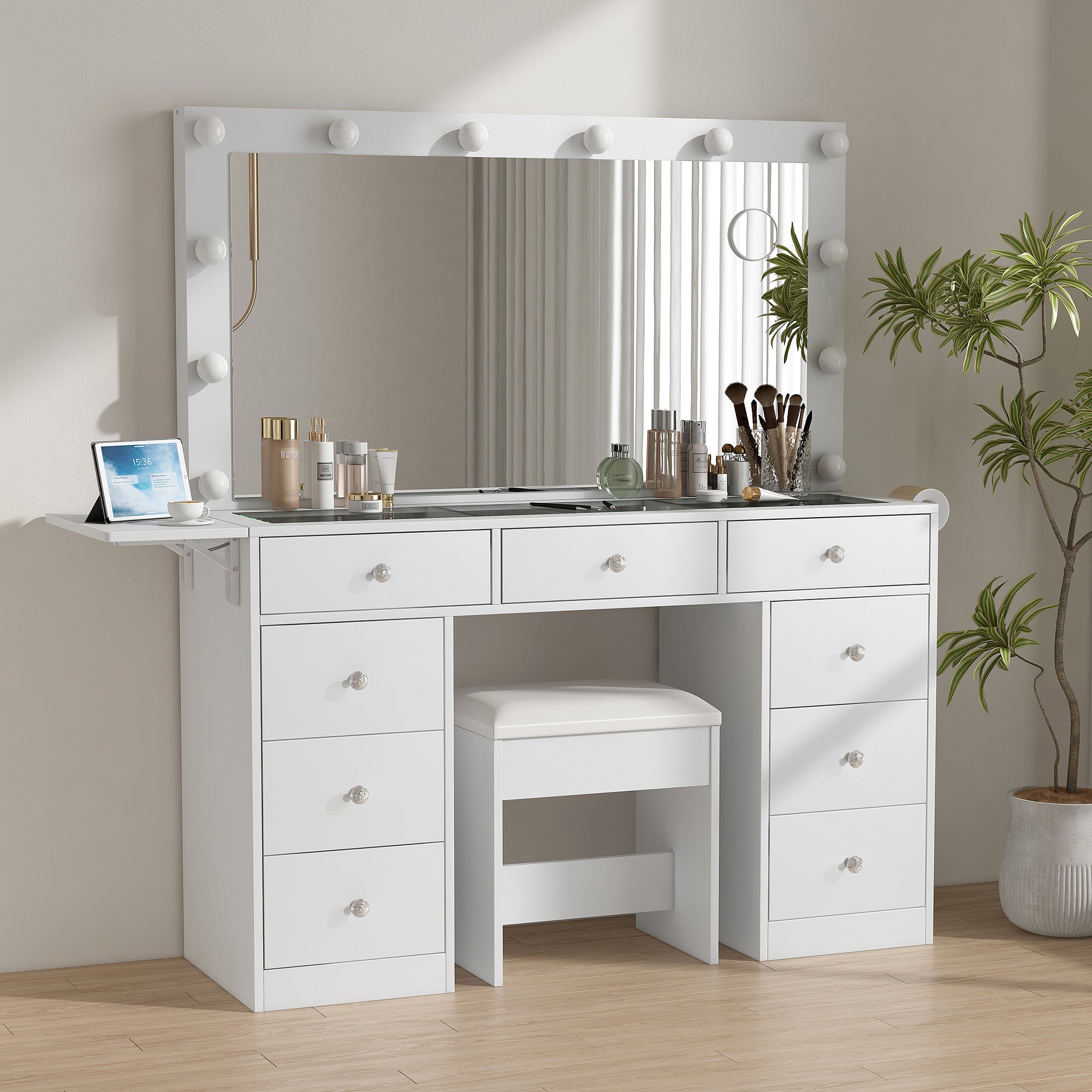 Vektaya US-VD007 Bedroom Makeup Vanity desk with LED Mirror, 9 Drawers