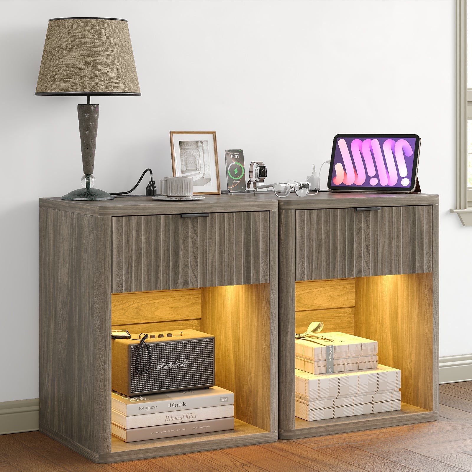 Fluted LED Nightstand with Charging Station, Drawer Side Tables, Oak -YANOSAKU