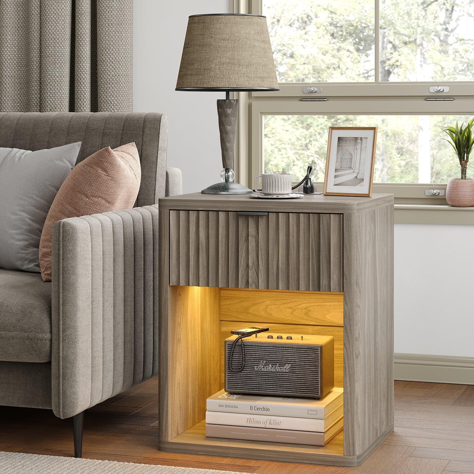 Fluted LED Nightstand with Charging Station, Drawer Side Tables, Oak -YANOSAKU