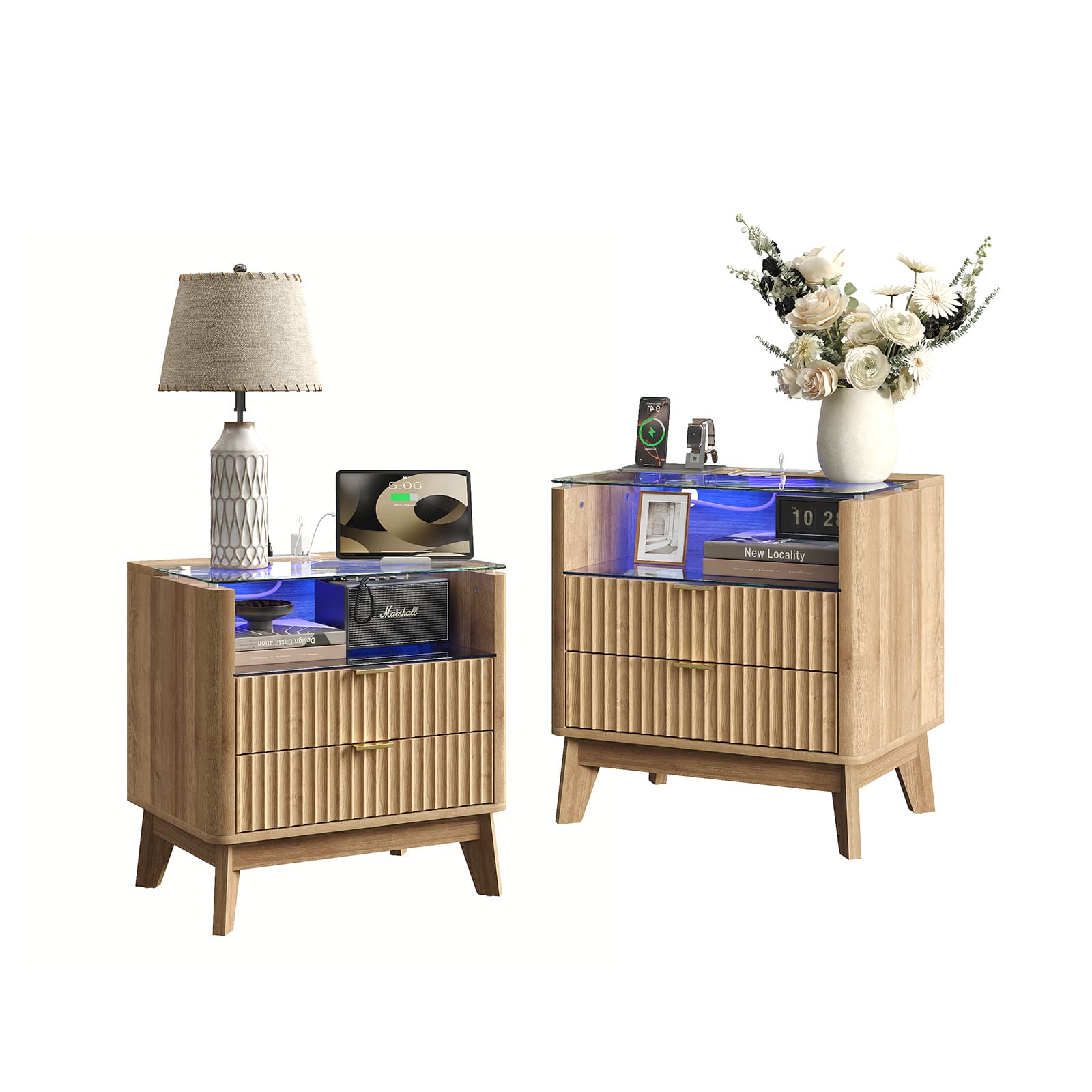 23" Fluted LED Nightstand with Charging Station, Drawers, Oak - Yanosaku
