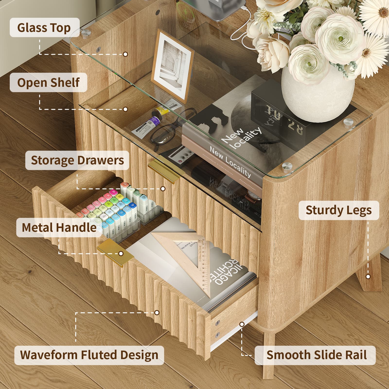 23" Fluted LED Nightstand with Charging Station, Drawers, Oak - Yanosaku