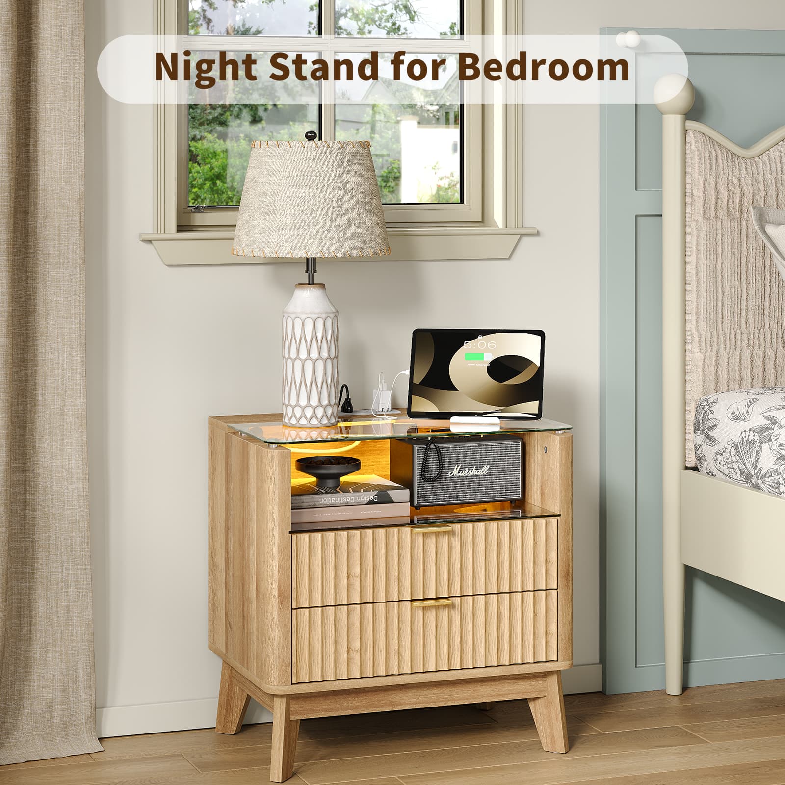 23" Fluted LED Nightstand with Charging Station, Drawers, Oak - Yanosaku