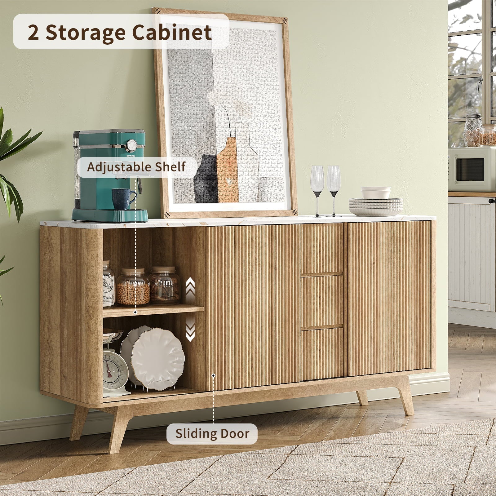 Vektaya US-TS001 62" W Fluted Buffet Cabinet