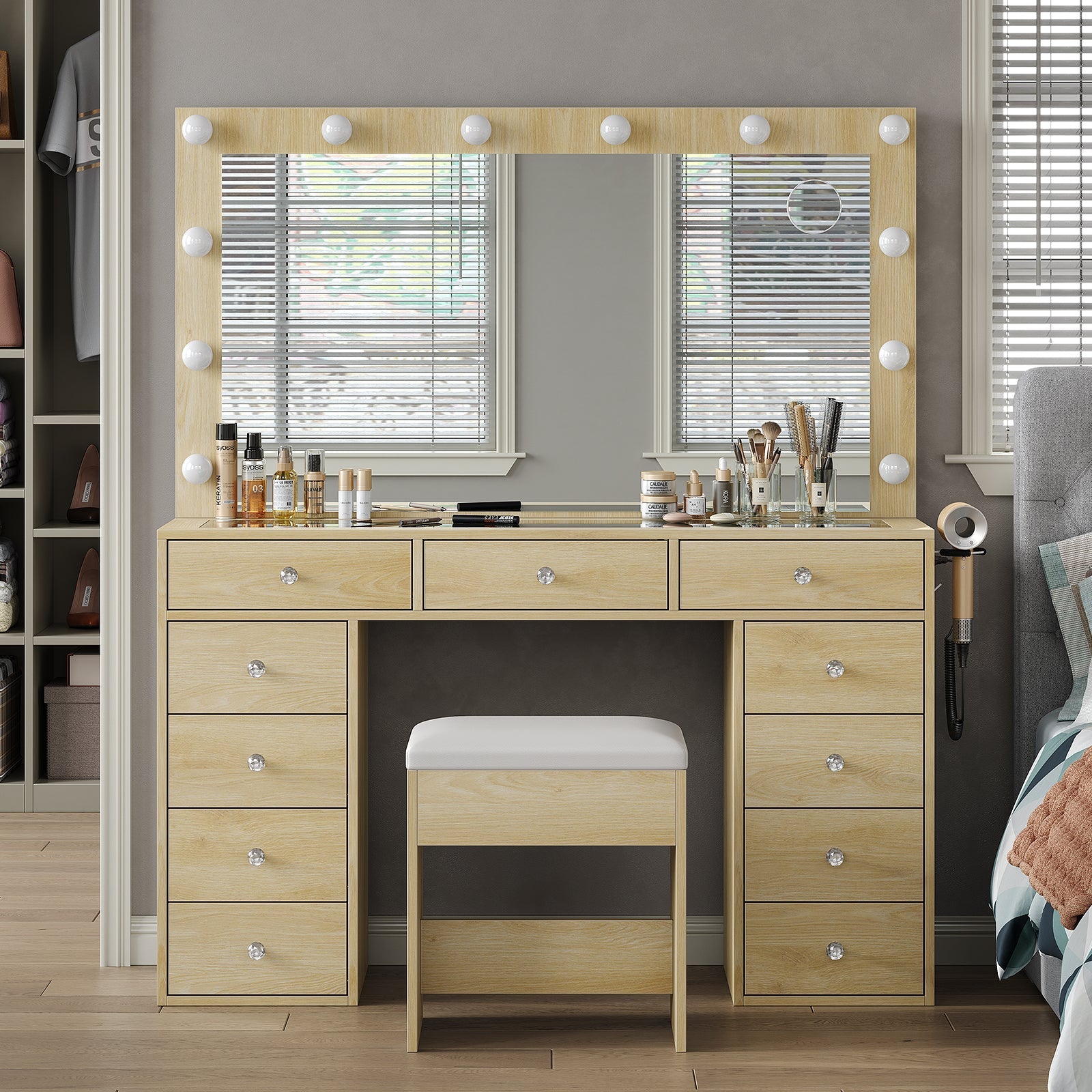 Yanosaku VD003 Bedroom Makeup Vanity desk with LED Mirror, 11 Drawers-9