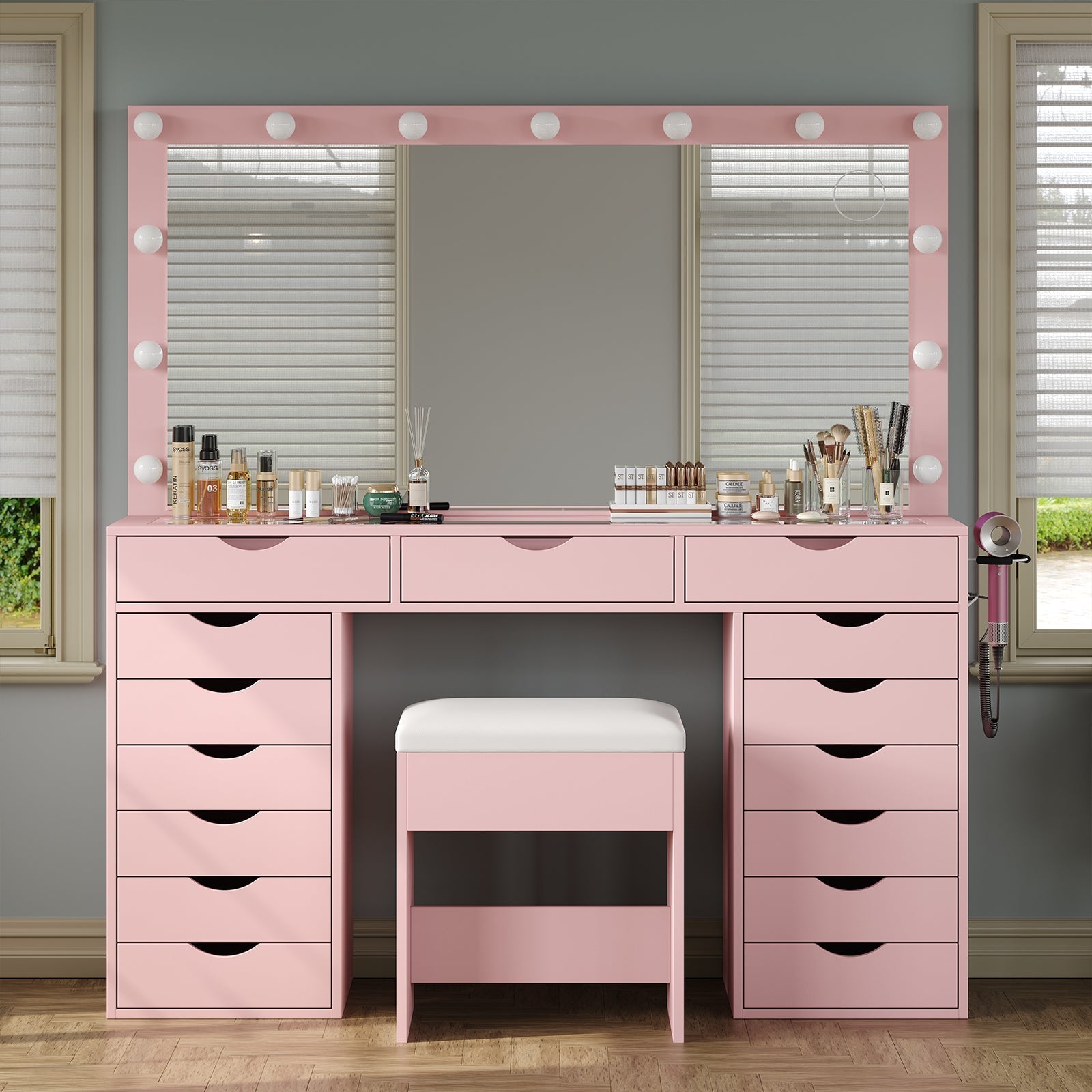 Yanosaku VD008 Bedroom Makeup Vanity desk with LED Mirro, 15 Drawers-5