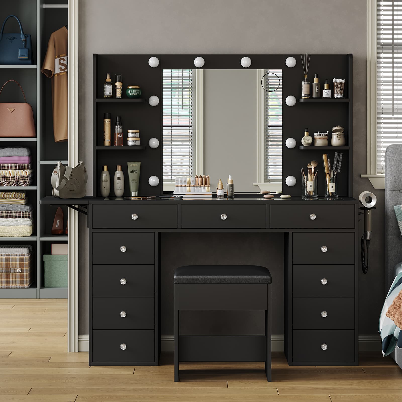 Yanosaku VD010 Bedroom Makeup Vanity desk with LED MirrorLED Mirror, 9 Drawers-5