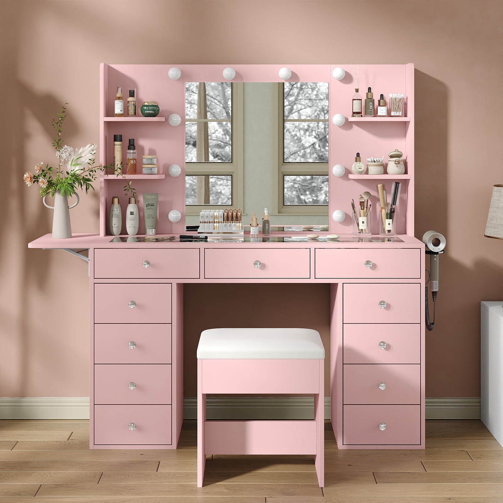 Vektaya US-VD010 Bedroom Makeup Vanity desk with LED MirrorLED Mirror, 11 Drawers