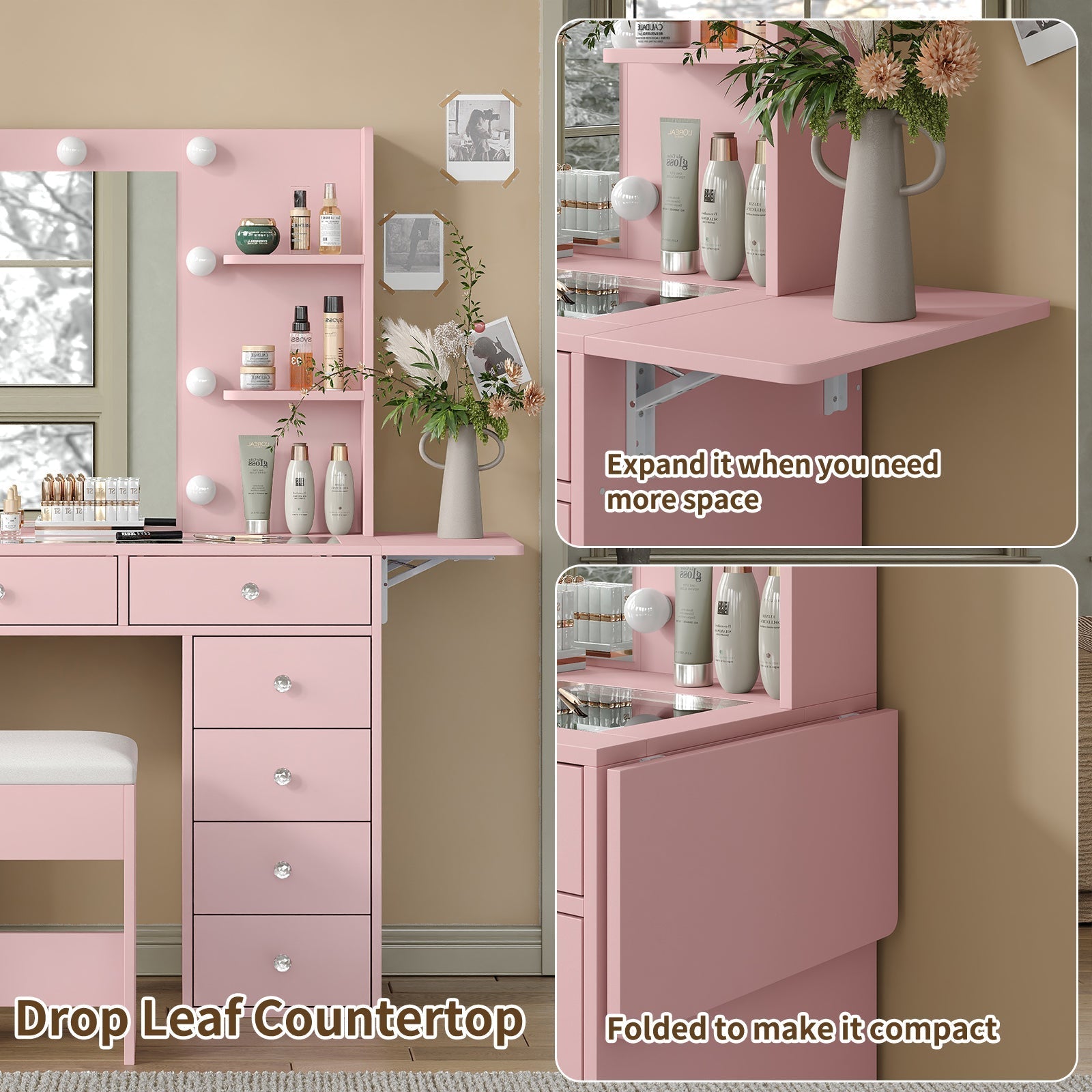 Vektaya US-VD010 Bedroom Makeup Vanity desk with LED MirrorLED Mirror, 11 Drawers