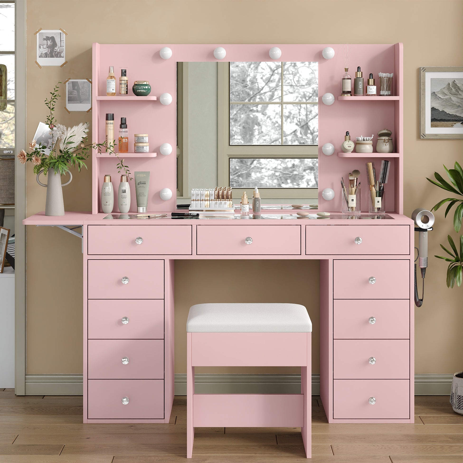 Vektaya US-VD010 Bedroom Makeup Vanity desk with LED MirrorLED Mirror, 11 Drawers