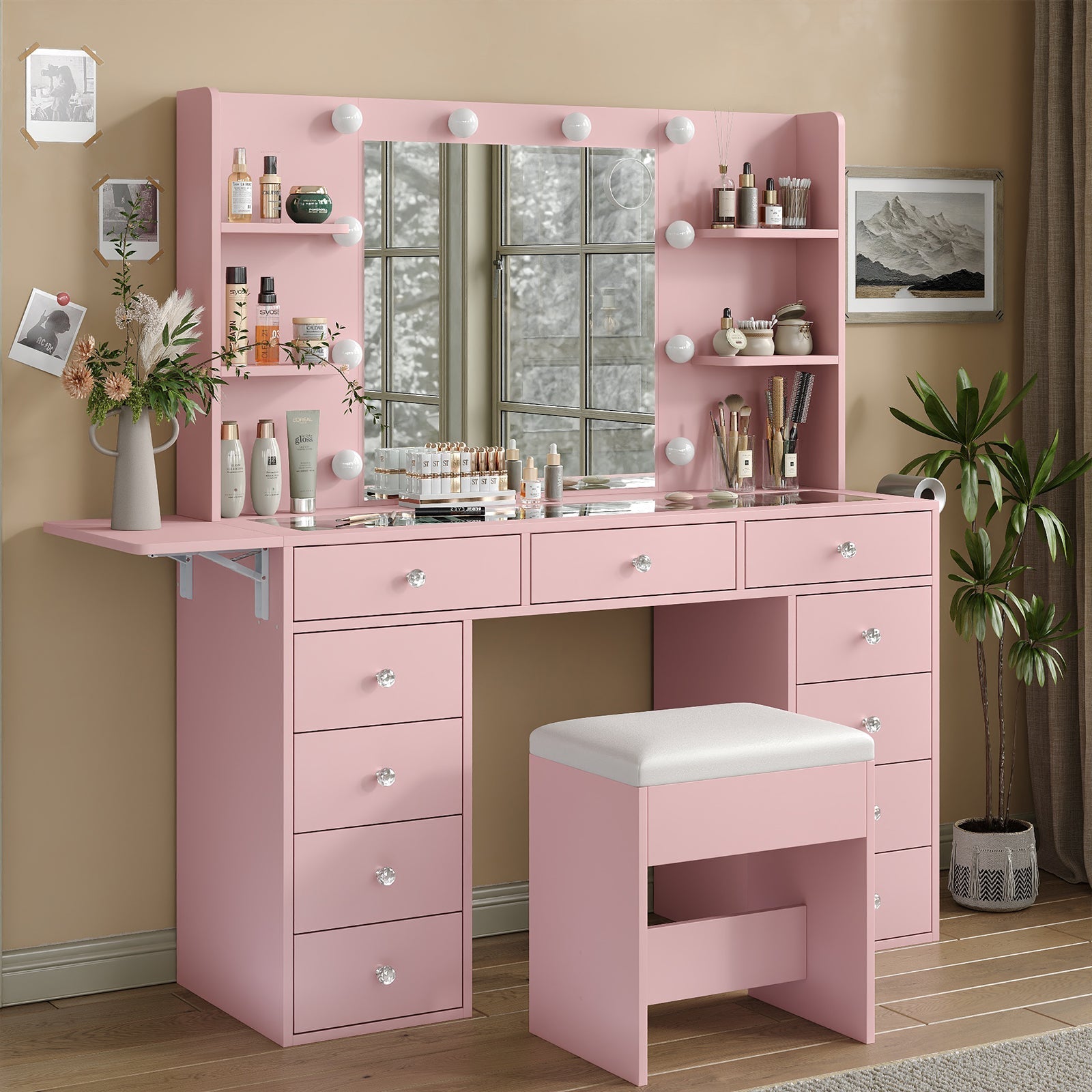 Vektaya US-VD010 Bedroom Makeup Vanity desk with LED MirrorLED Mirror, 11 Drawers