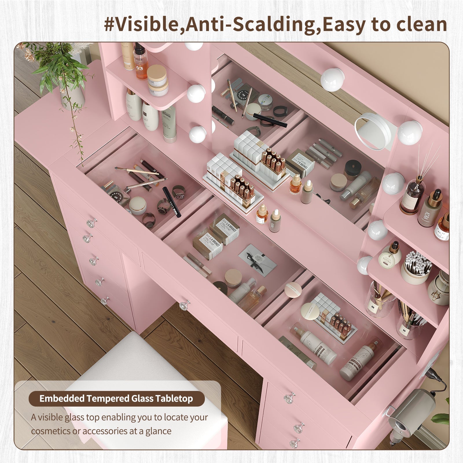 Vektaya US-VD010 Bedroom Makeup Vanity desk with LED MirrorLED Mirror, 11 Drawers