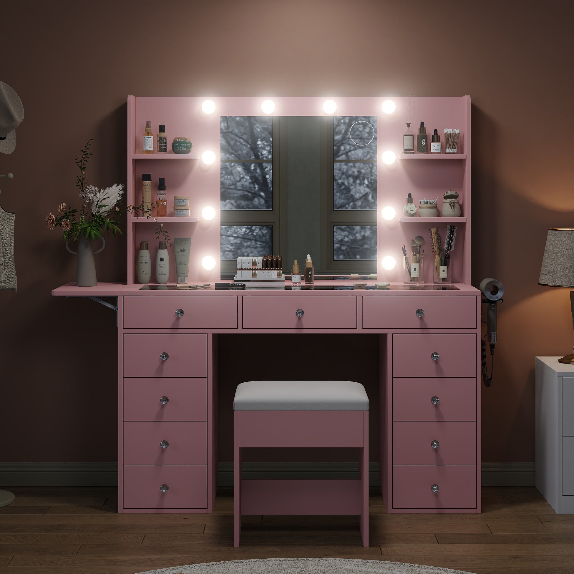 Vektaya US-VD010 Bedroom Makeup Vanity desk with LED MirrorLED Mirror, 11 Drawers