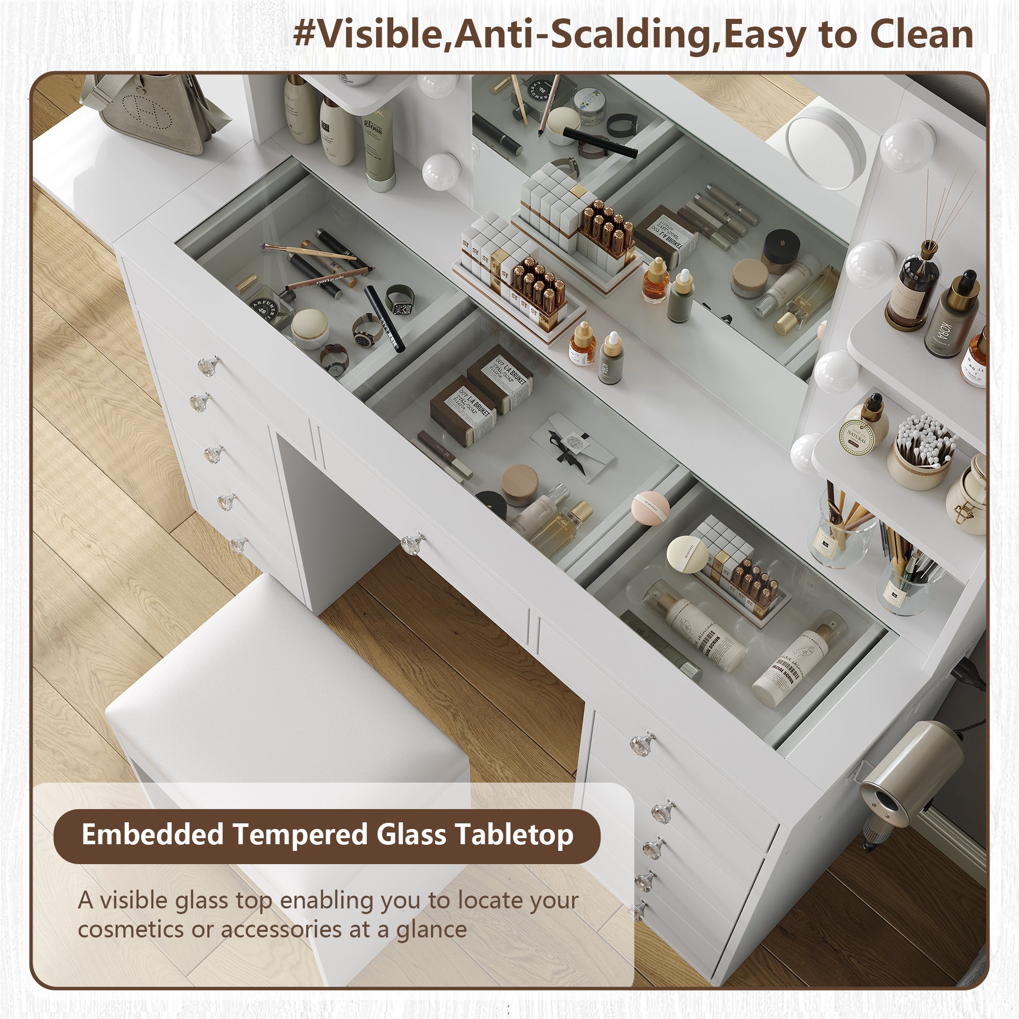 Vektaya US-VD010 Bedroom Makeup Vanity desk with LED MirrorLED Mirror, 11 Drawers