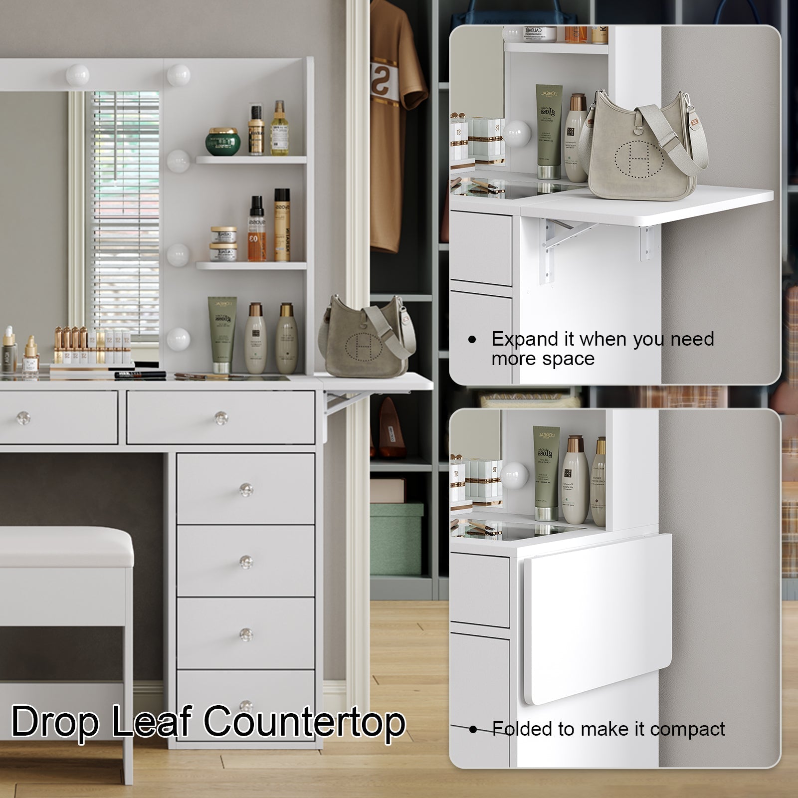 Vektaya US-VD010 Bedroom Makeup Vanity desk with LED MirrorLED Mirror, 11 Drawers