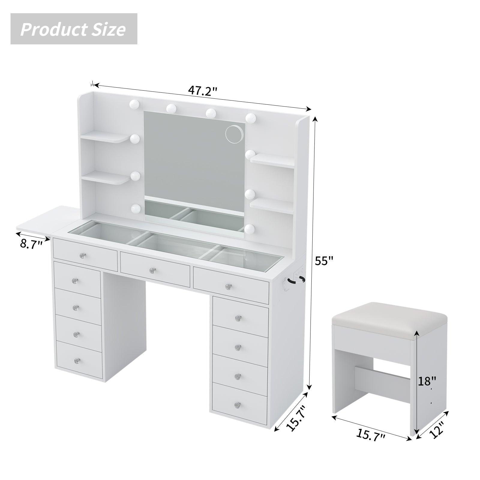 Vektaya US-VD010 Bedroom Makeup Vanity desk with LED MirrorLED Mirror, 11 Drawers