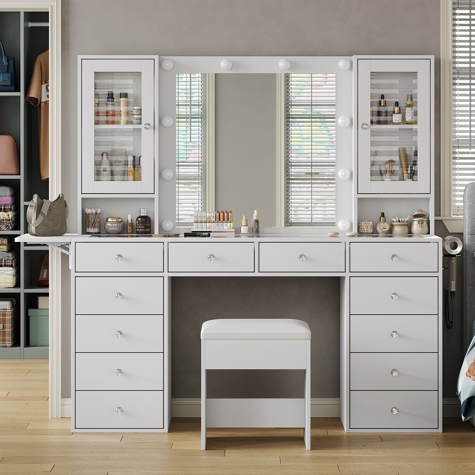 12-Drawer LED Mirror Vanity Desk - Vektaya