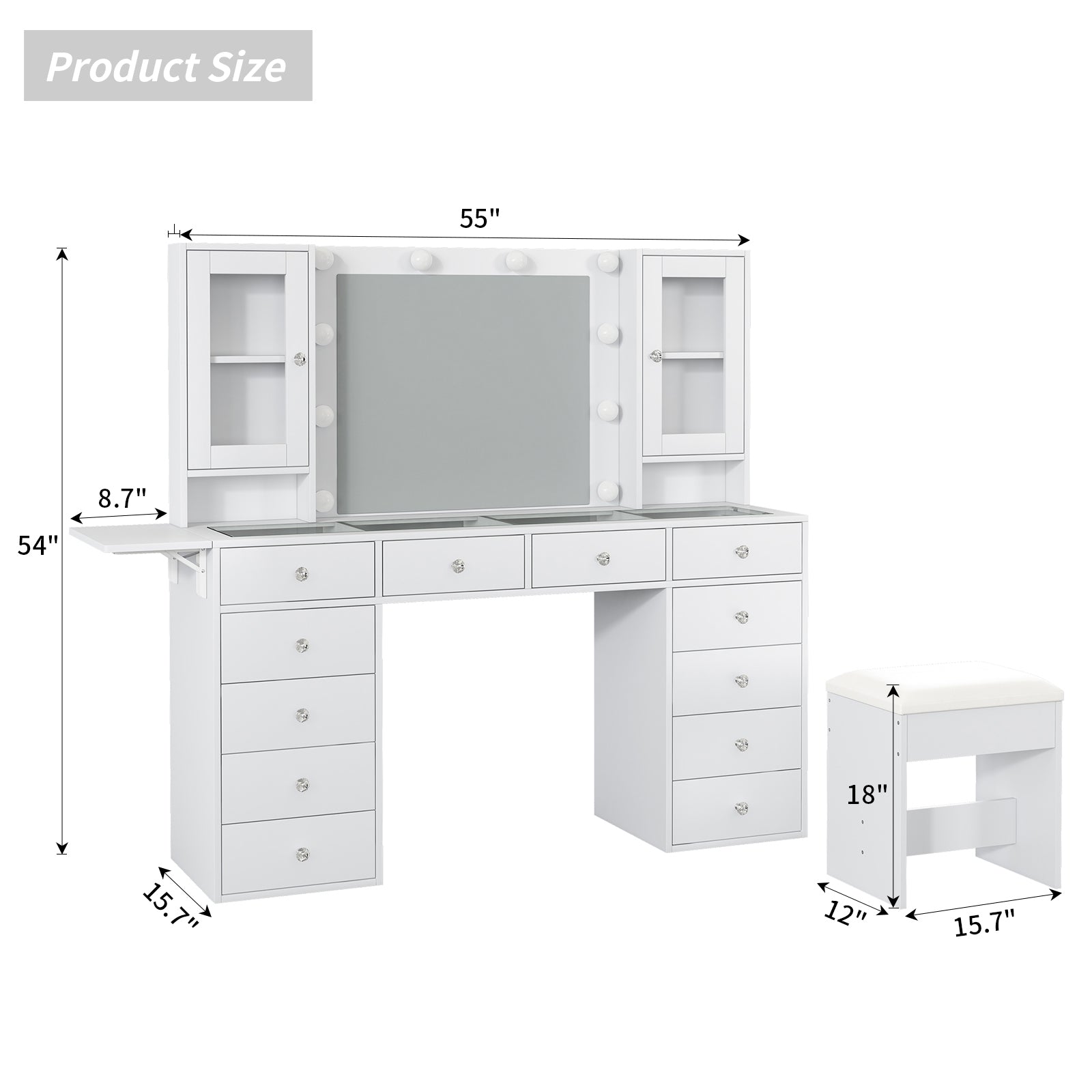 Vektaya US-VD012 Bedroom Makeup Vanity desk with LED Mirror, 12 Drawers