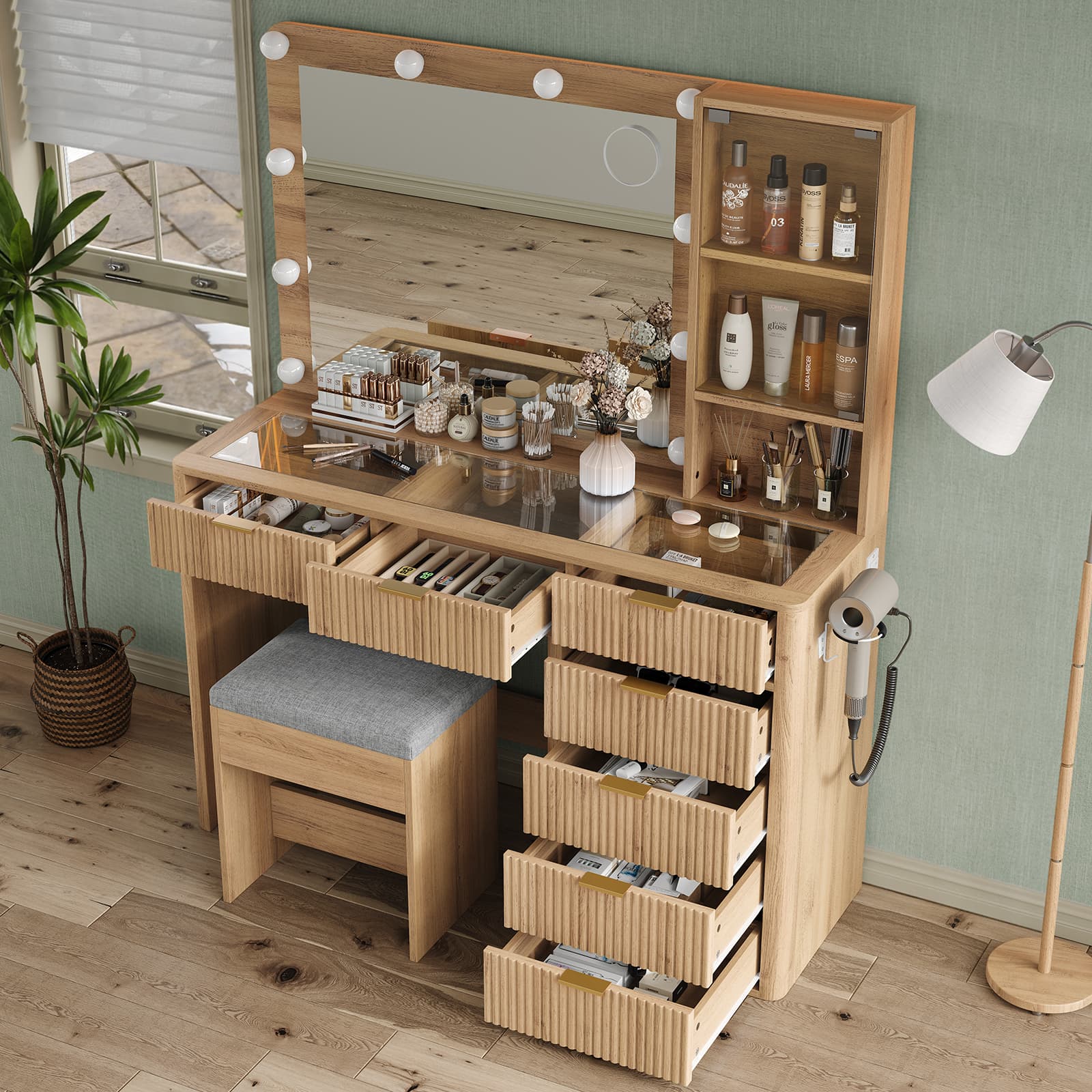 7-Drawer LED Mirror Vanity Desk - Vektaya