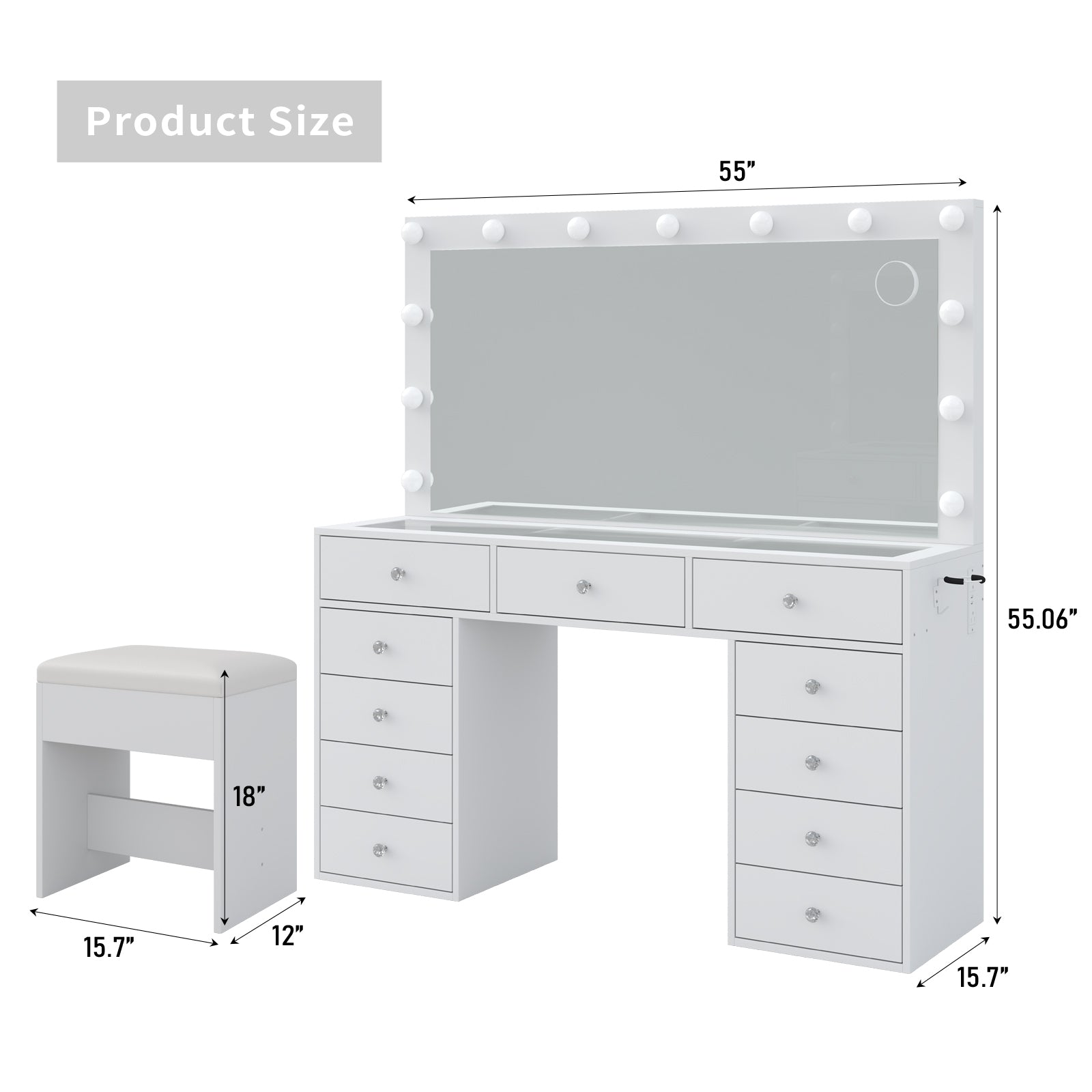 Vektaya US-VD015 Bedroom Makeup Vanity desk with LED Mirror, 11 Drawers