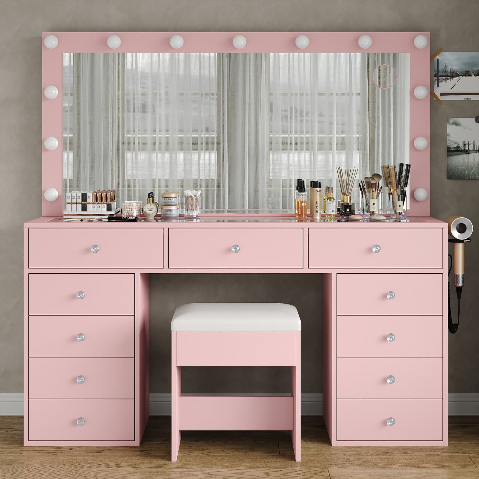 Yanosaku VD015 Bedroom Makeup Vanity desk with LED Mirror, 11 Drawers-5
