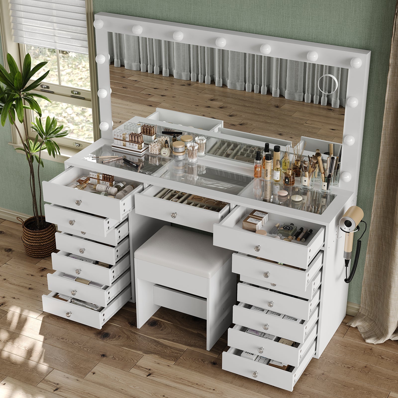 Yanosaku VD017 Bedroom Makeup Vanity desk with LED Mirror, 15 Drawers-3