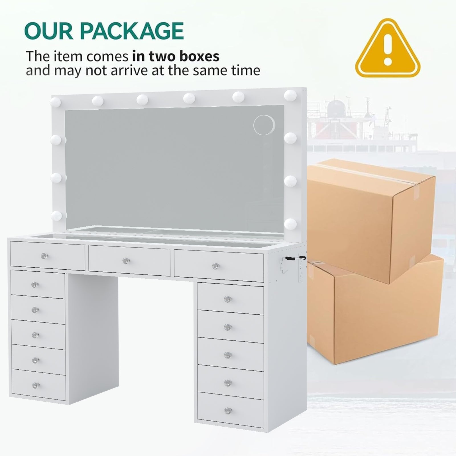 13-Drawer LED Mirror Vanity Desk - Yanosaku