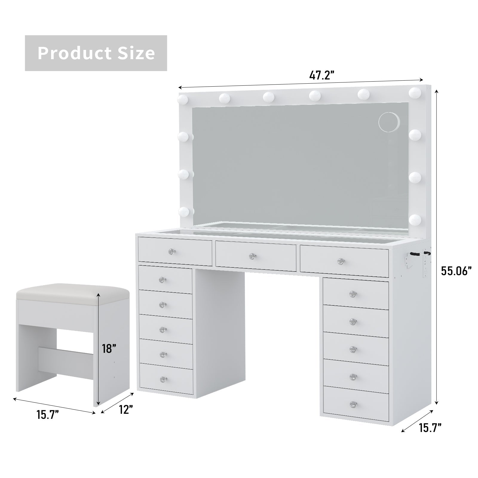Vektaya US-VD018 Bedroom Makeup Vanity desk with LED Mirror, 13 Drawers