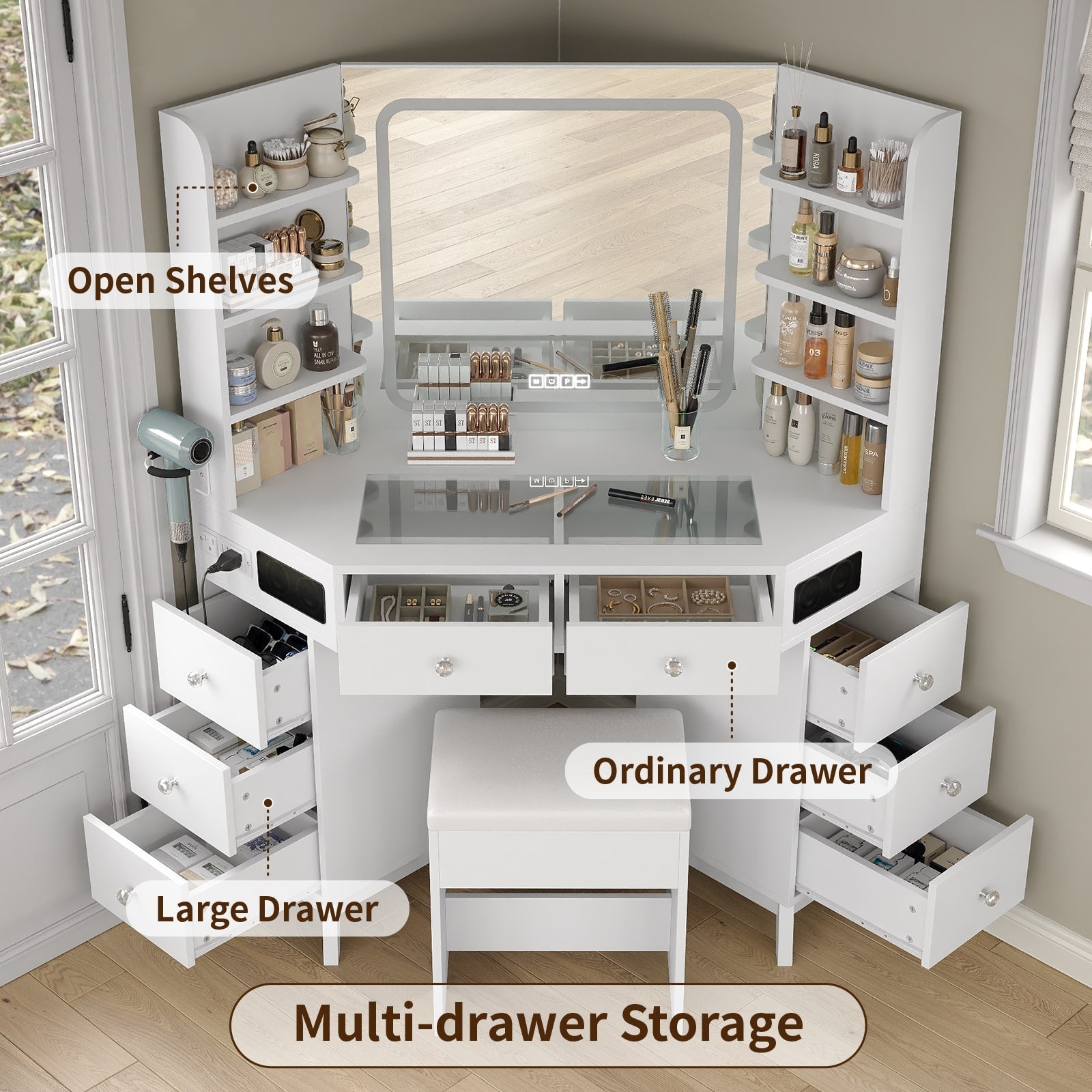 Yanosaku VD021 Corner Makeup Vanity, Mirror, Lights, Bluetooth, White