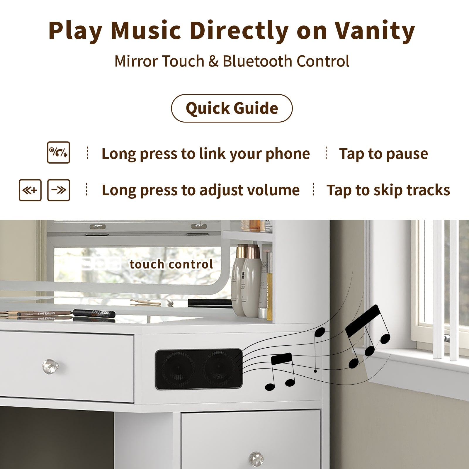 Yanosaku VD021 Corner Makeup Vanity, Mirror, Lights, Bluetooth, White