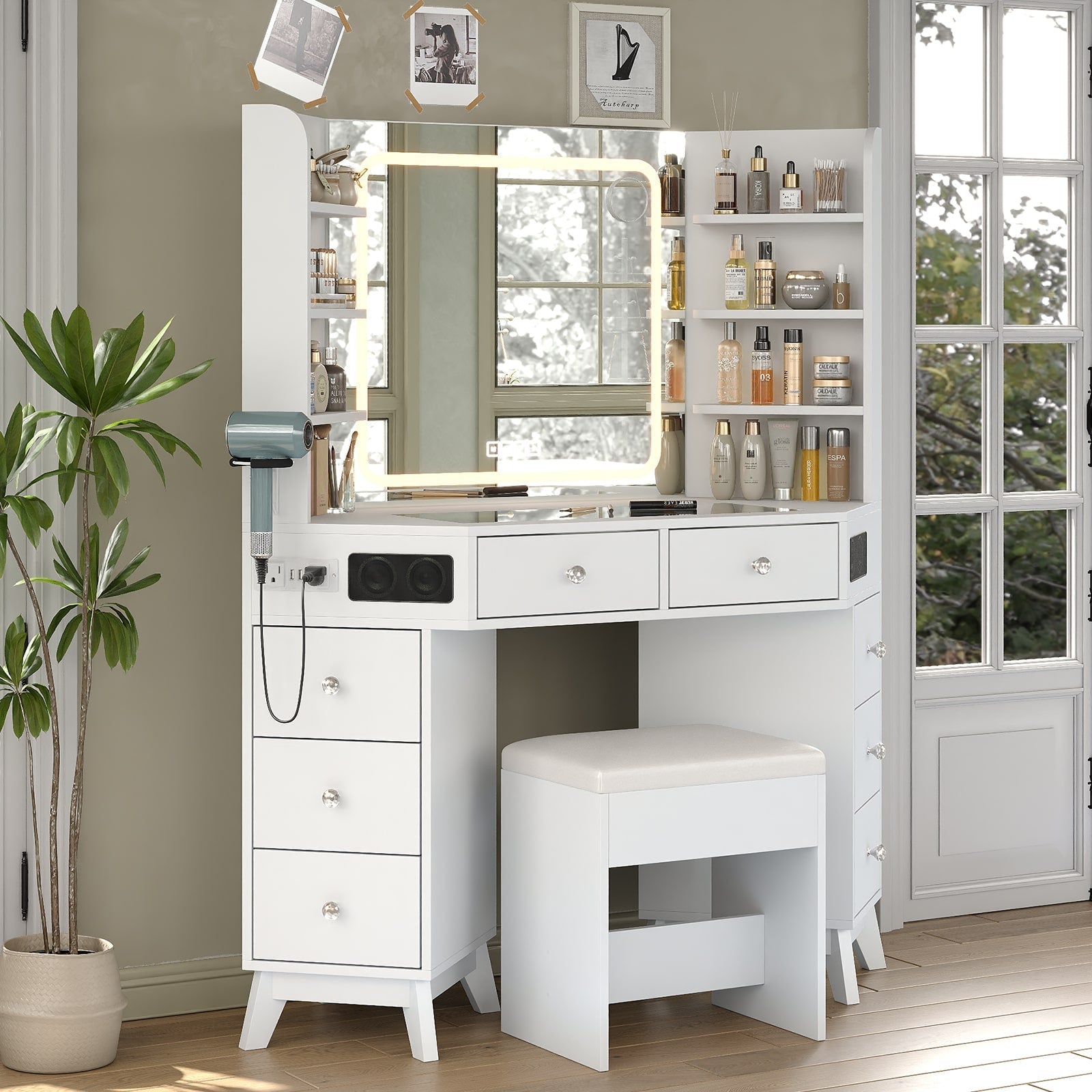 Yanosaku VD021 Corner Makeup Vanity, Mirror, Lights, Bluetooth, White