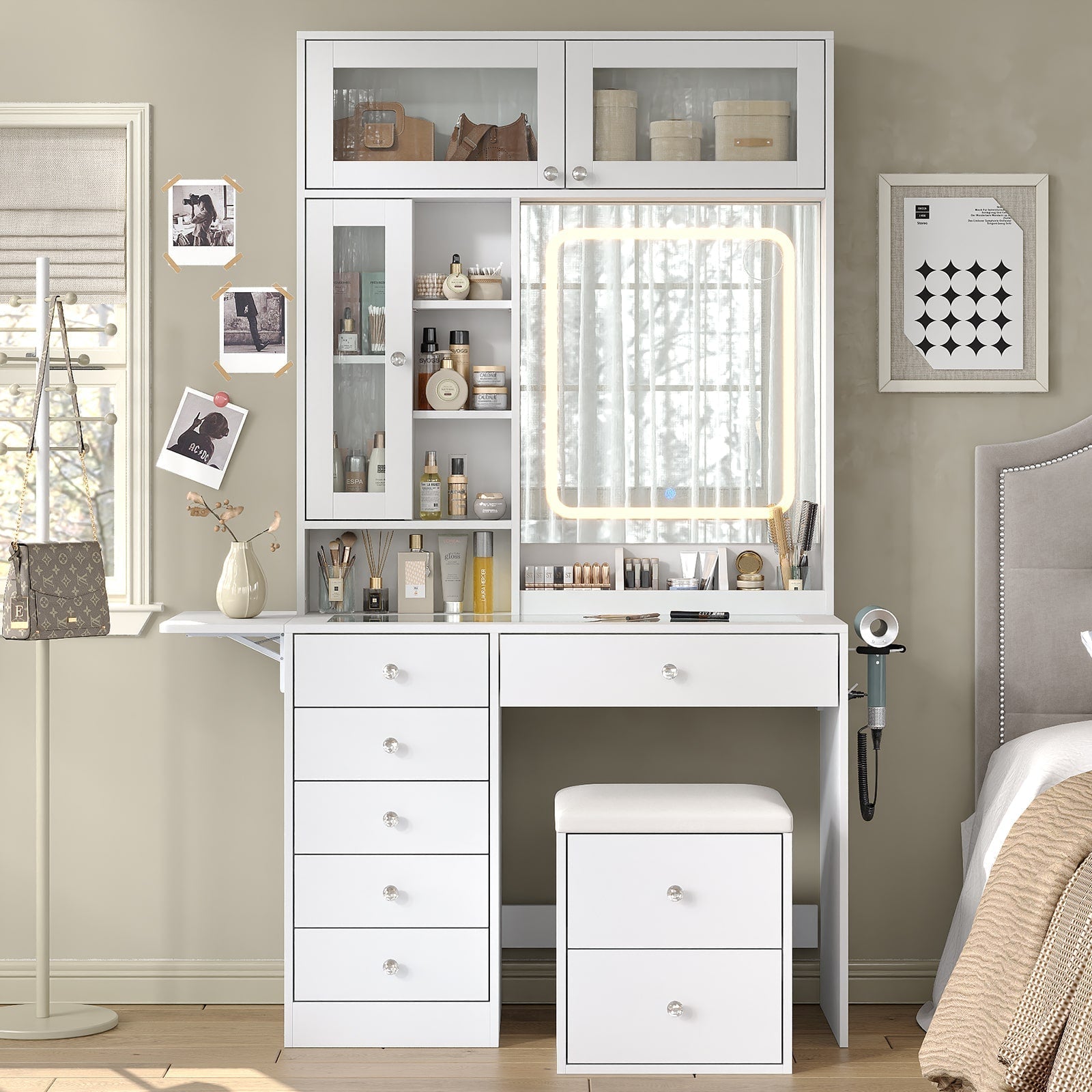 Yanosaku VD022 Vanity Desk with Mirror, Lights, Drawers, Stool, White-0