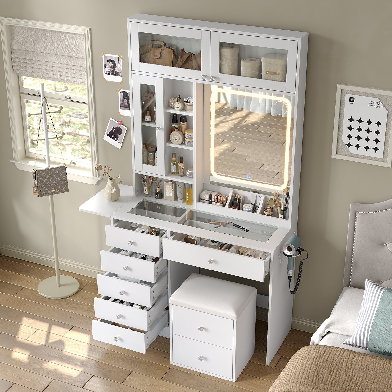 Yanosaku VD022 Vanity Desk with Mirror, Lights, Drawers, Stool, White-2