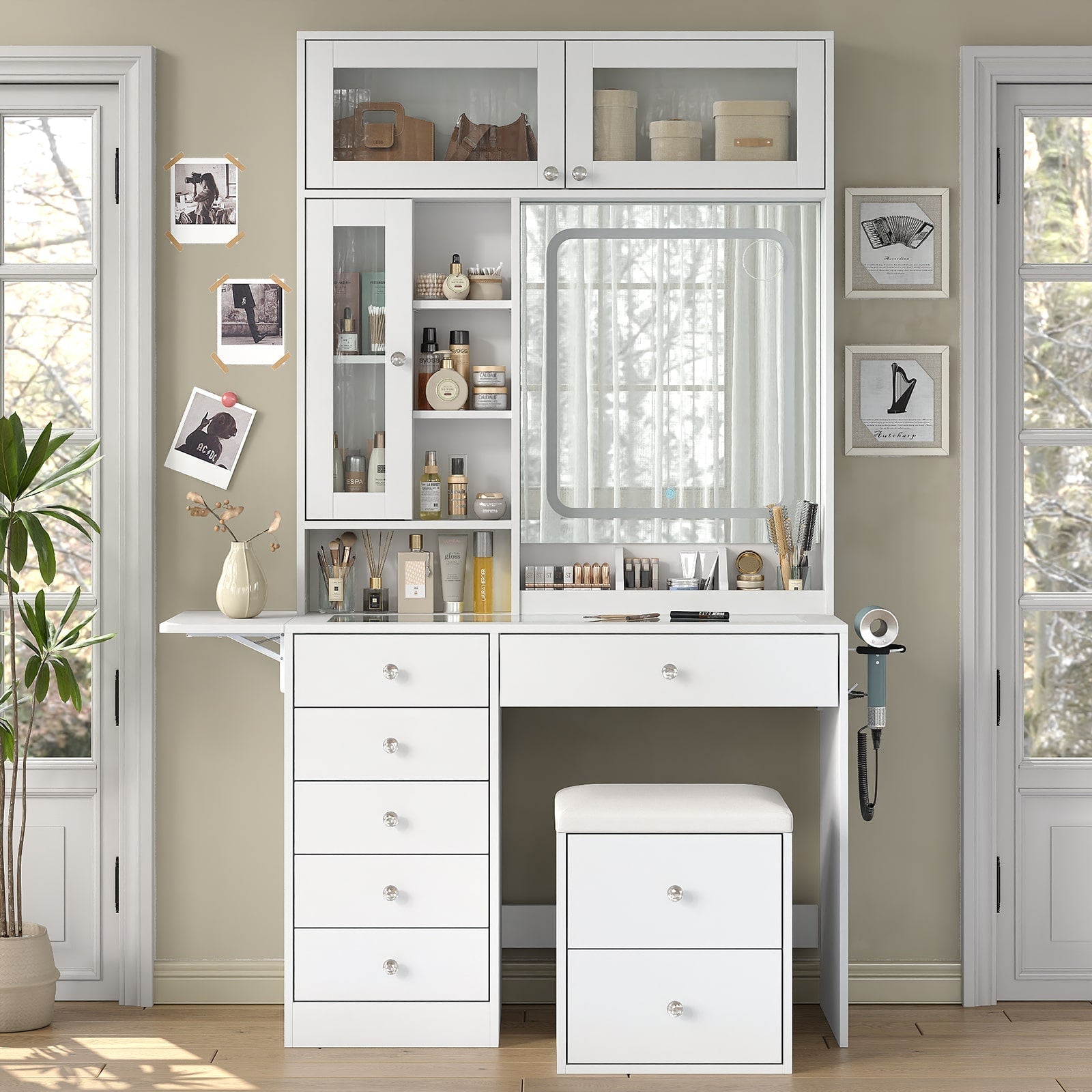 Yanosaku VD022 Vanity Desk with Mirror, Lights, Drawers, Stool, White-3