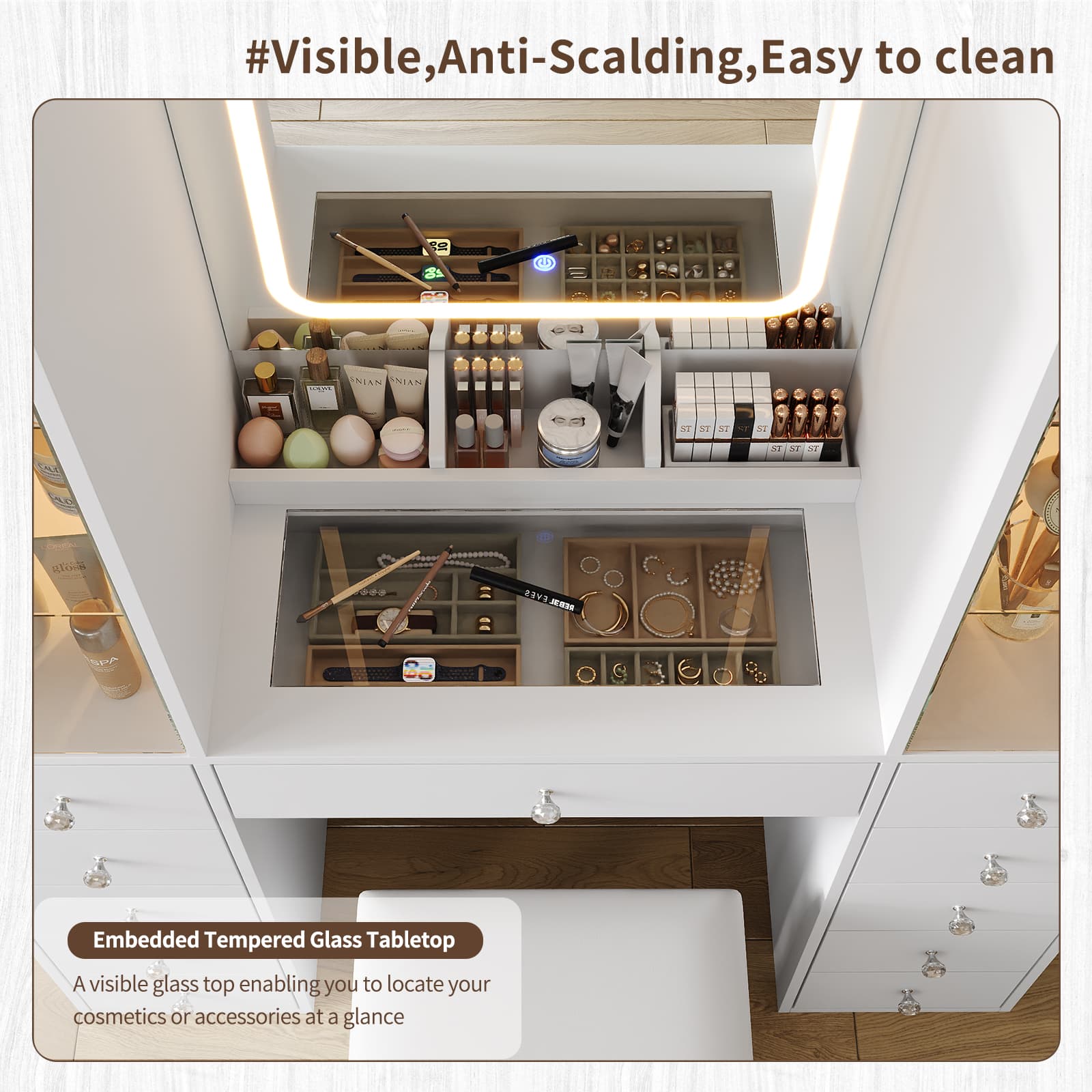 Yanosaku VD034 Bedroom Makeup Vanity desk with mirror, 11 Drawers-4