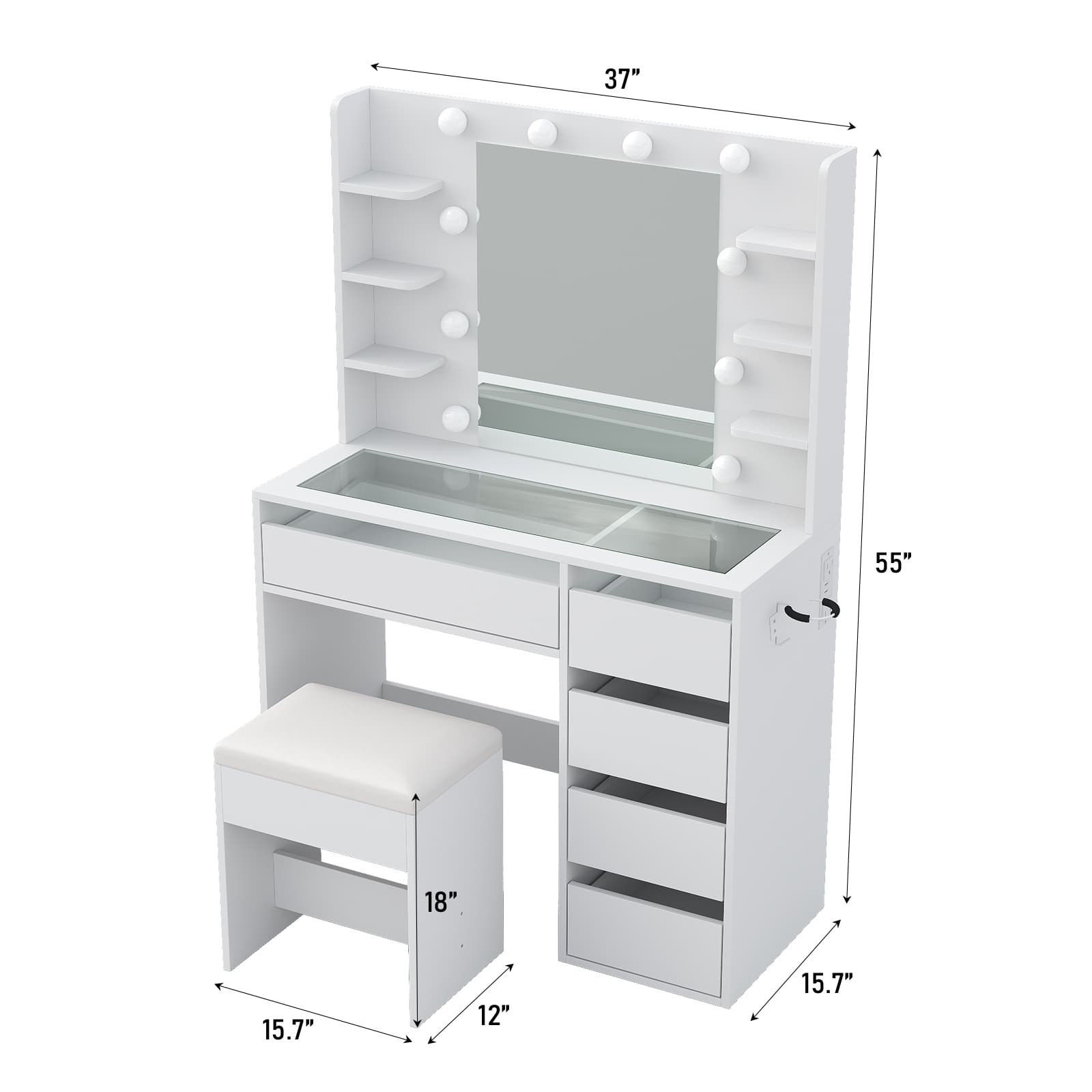YanosakuVD025 Vanity Table with Mirror, 3 Lighting Modes, 5 Drawers & Glass Top