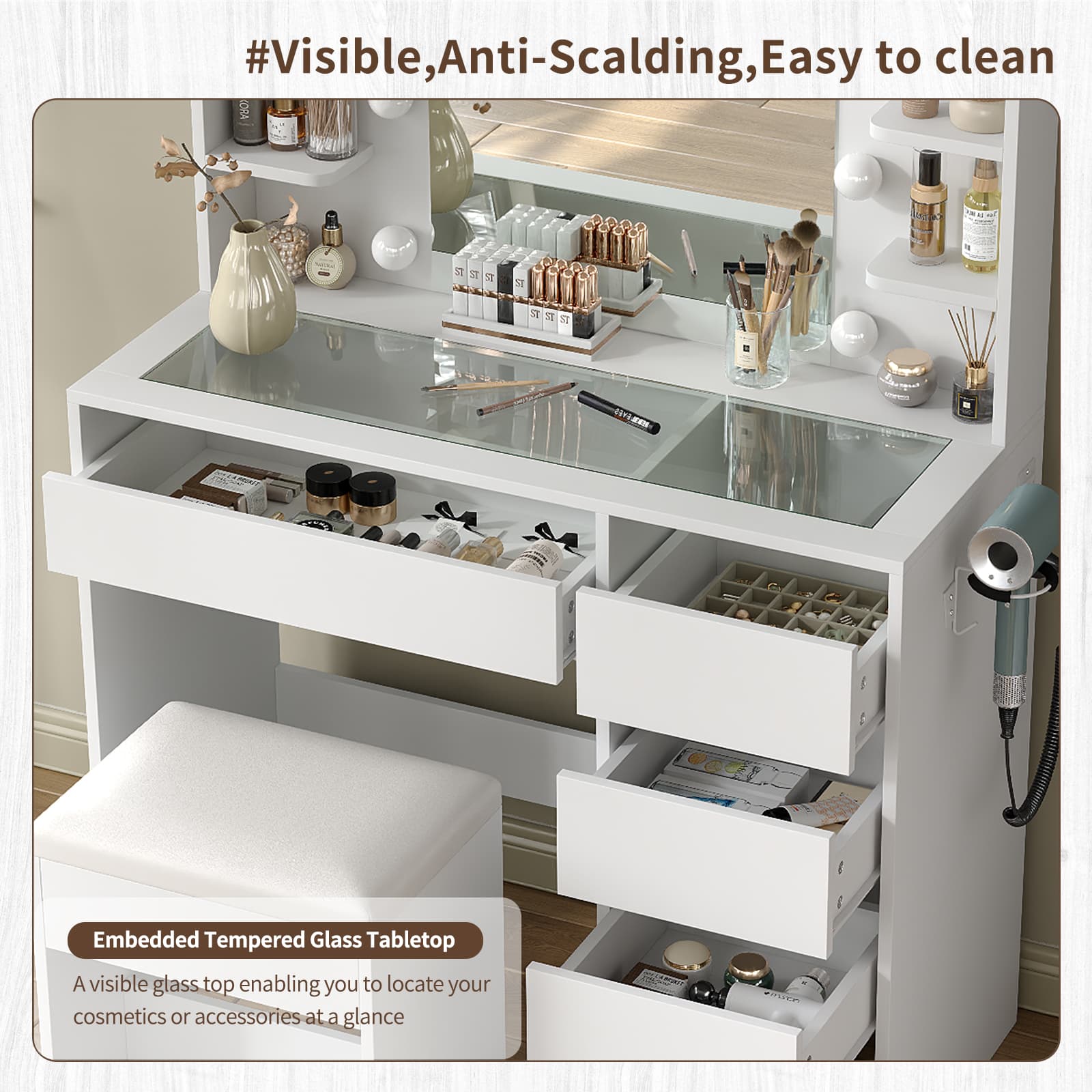 YanosakuVD025 Vanity Table with Mirror, 3 Lighting Modes, 5 Drawers & Glass Top