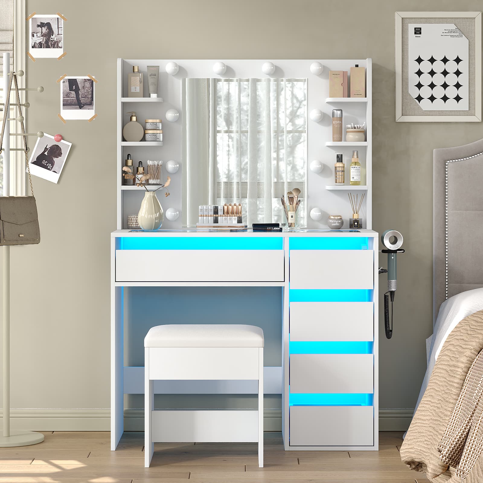 YanosakuVD025 Vanity Table with Mirror, 3 Lighting Modes, 5 Drawers & Glass Top-0