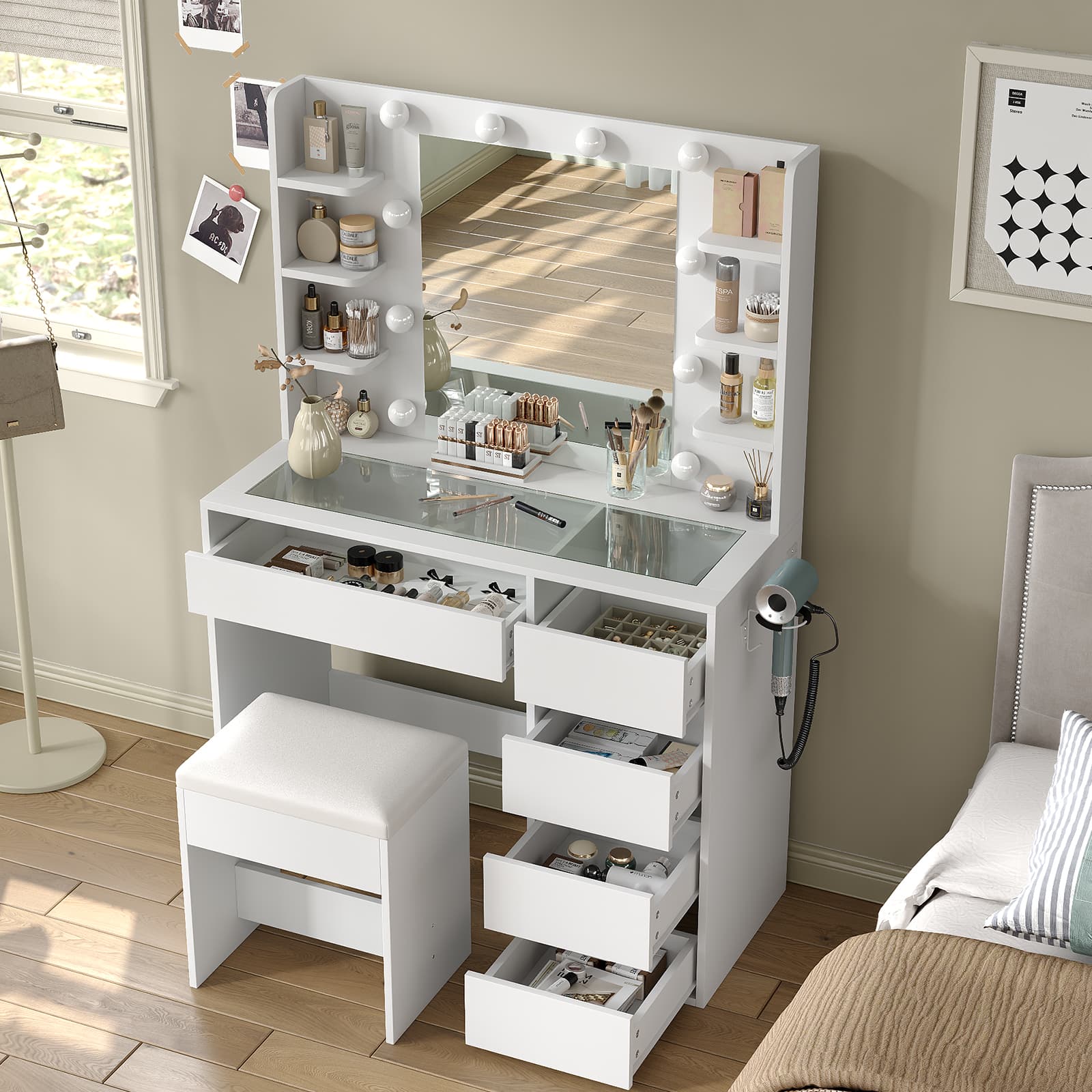 YanosakuVD025 Vanity Table with Mirror, 3 Lighting Modes, 5 Drawers & Glass Top