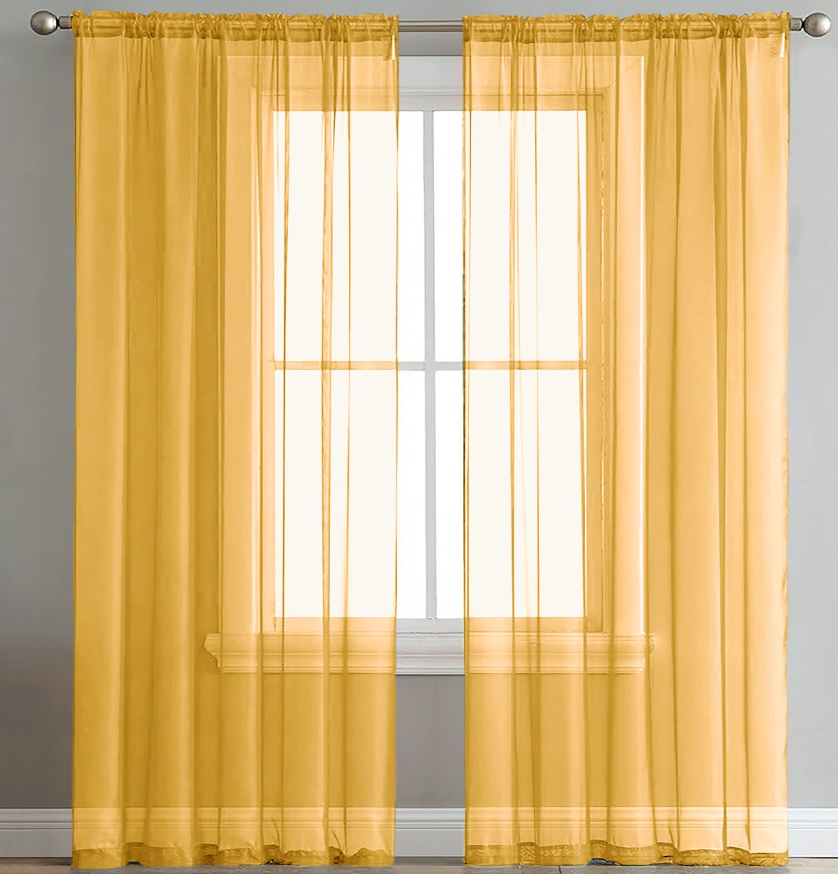 84" Inches Long - Yellow Sheer Window Rod Pocket Curtain Set (2 Panels)