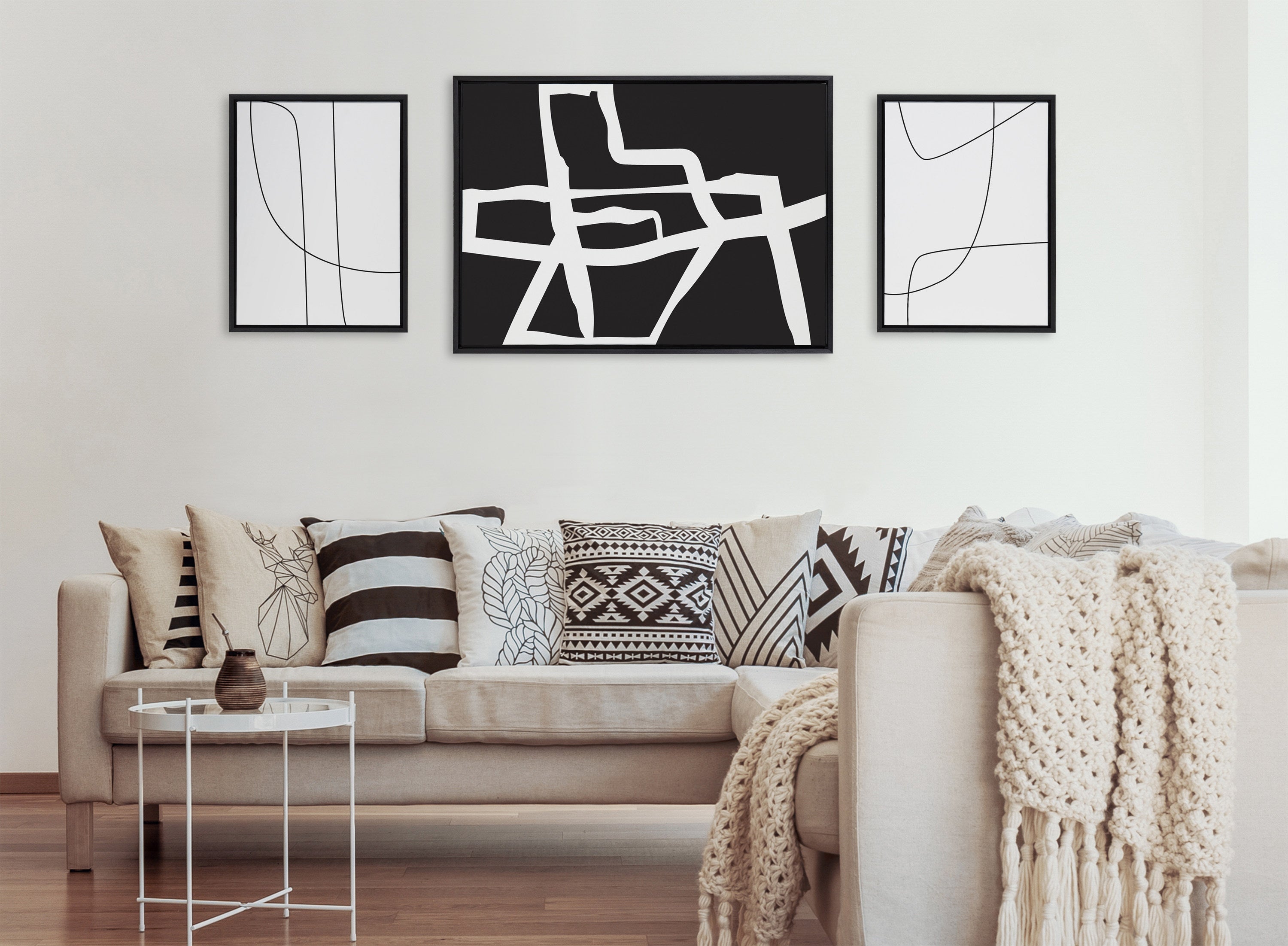 Sylvie Bold Sophisticated Abstract White Stroke Framed Canvas by The Creative Bunch Studio