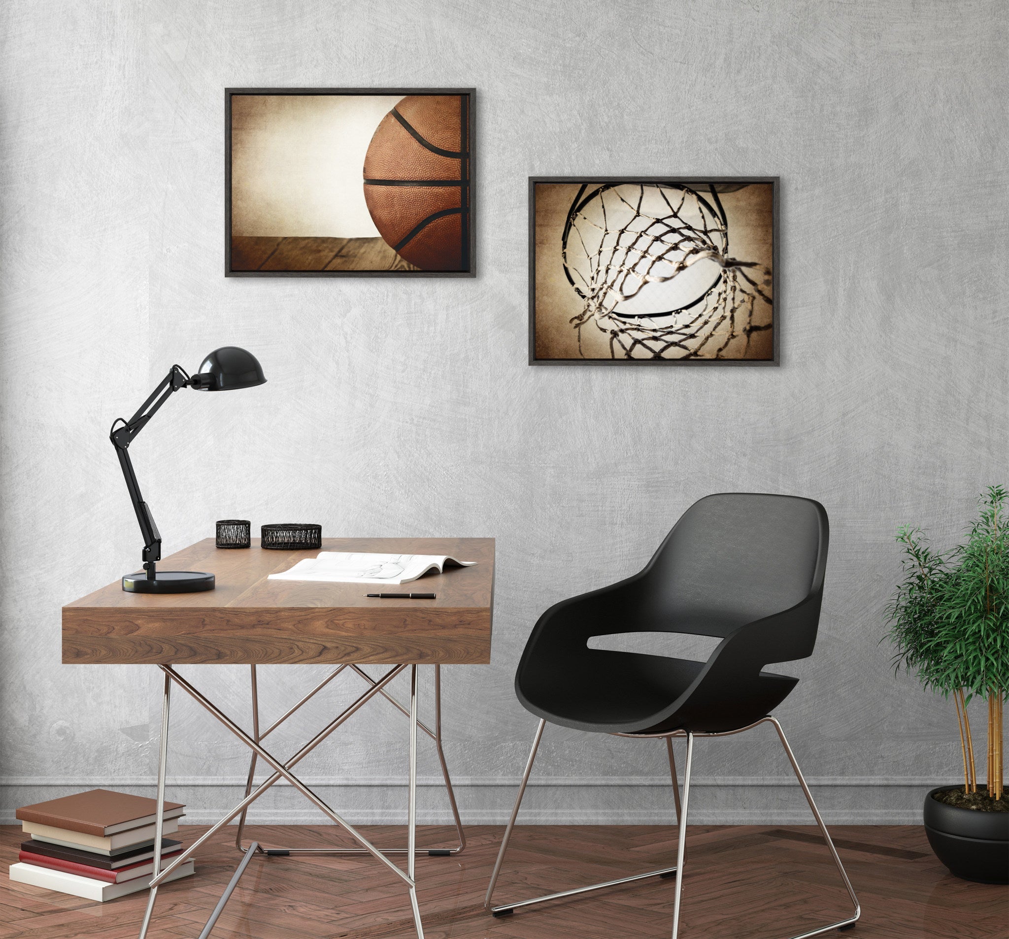 Sylvie Vintage Half Basketball and Vintage Basketball Net Framed Canvas Art Set by Saint and Sailor Studios