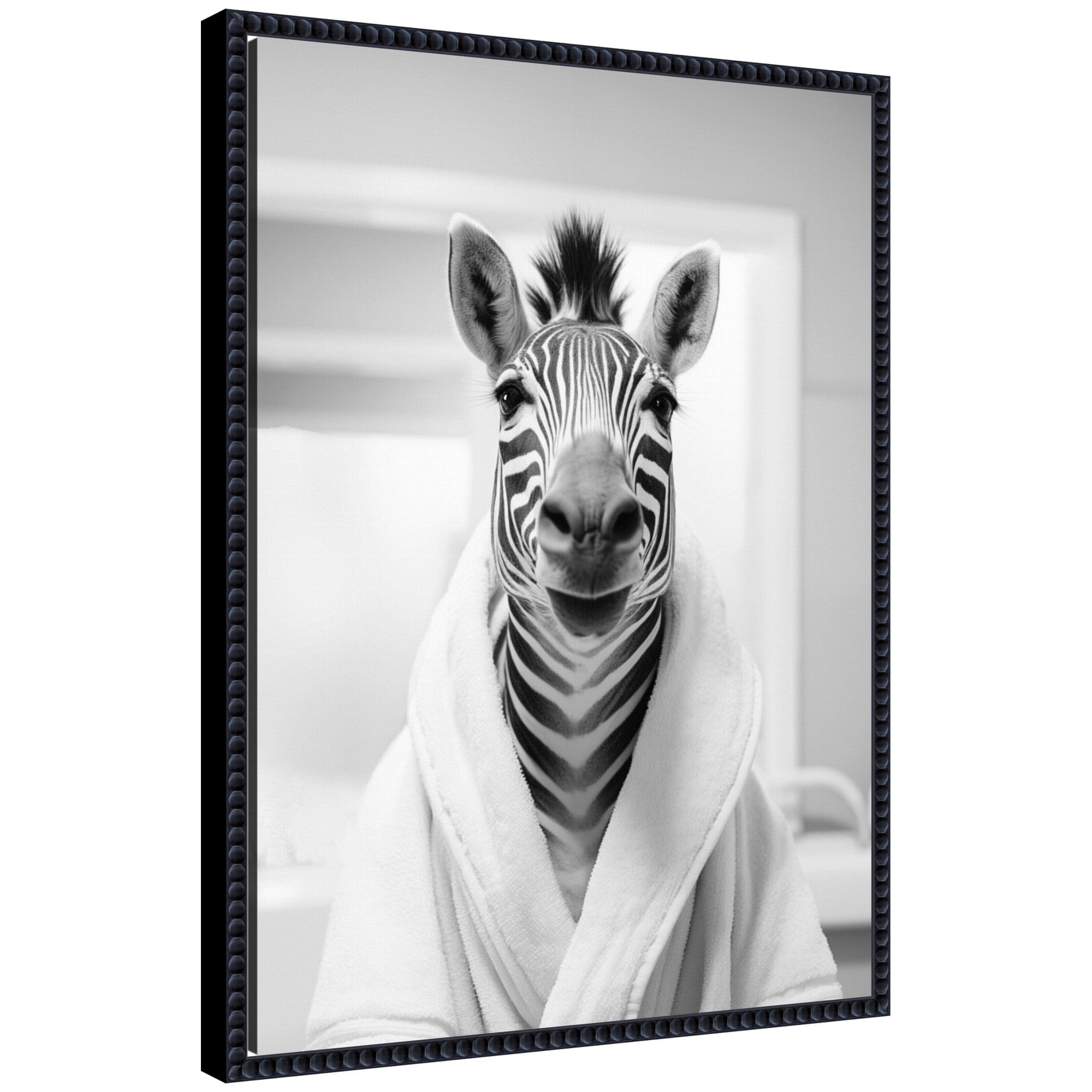 Sylvie Zebra Bathroom Art Towel Robe Black and White Framed Canvas by The Creative Bunch Studio